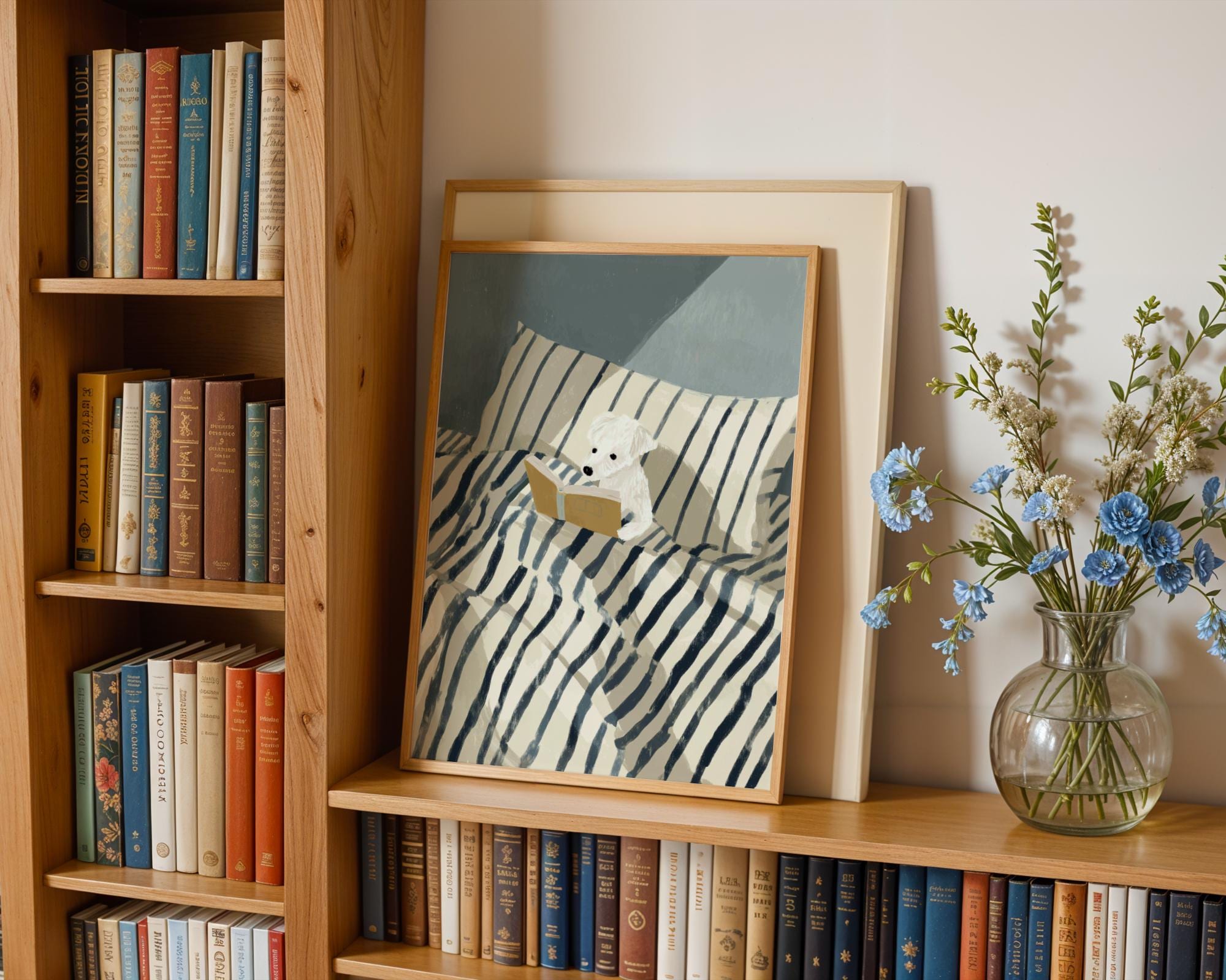 Dog Reading Wall Art Print – Cozy Book Lover Dog Bedroom Decor Poster