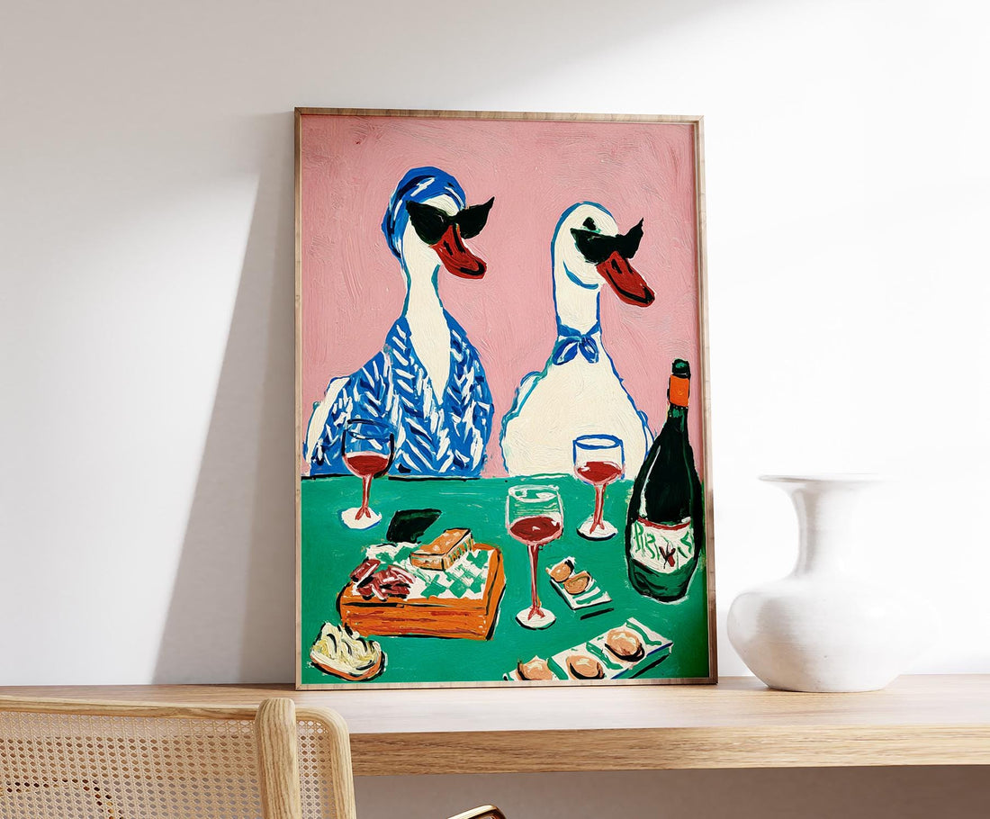 Duck Wine Party Wall Art Print – Funny Retro Animal Kitchen Decor