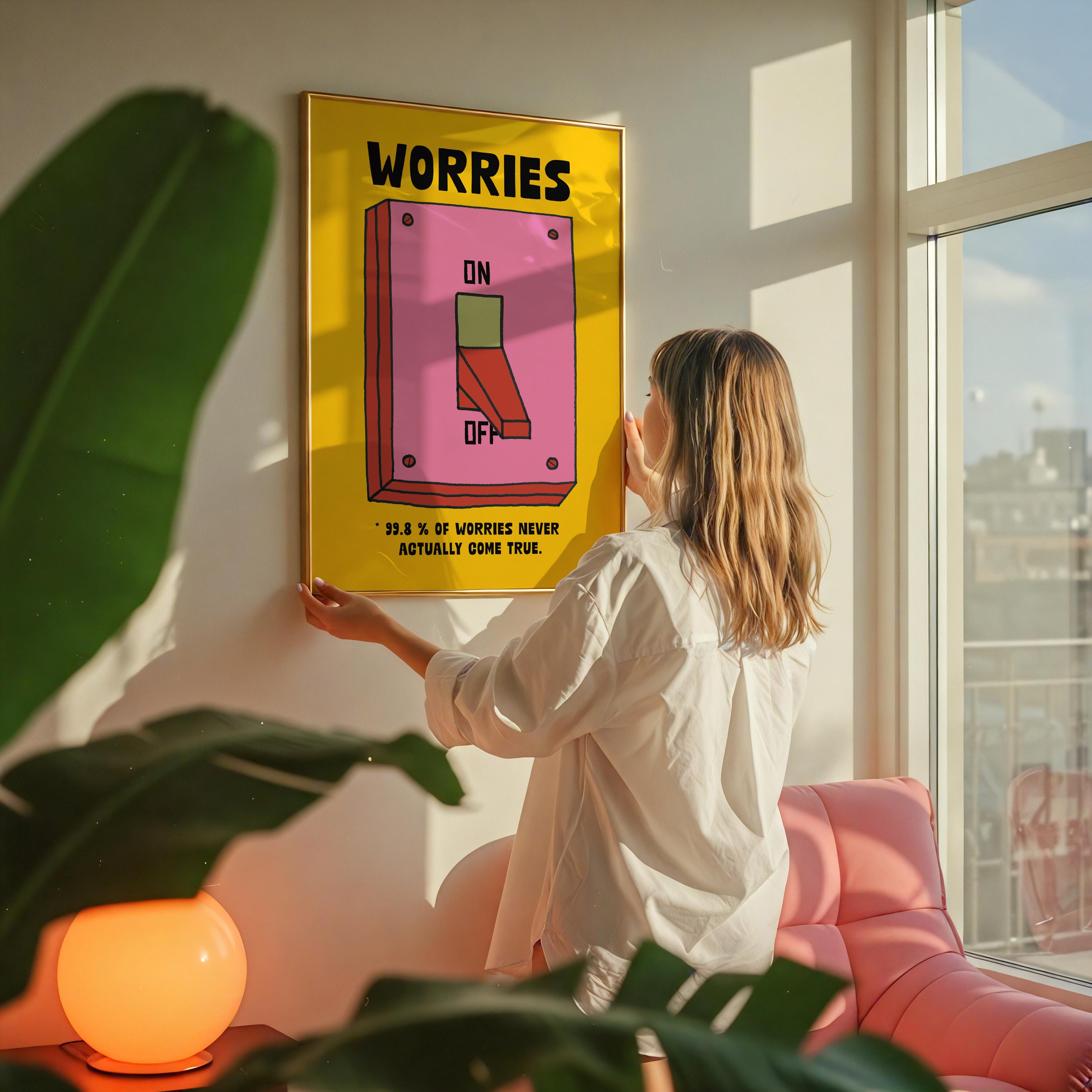 “No Worries” Wall Art Print – Mental Health Affirmation Retro Poster Decor