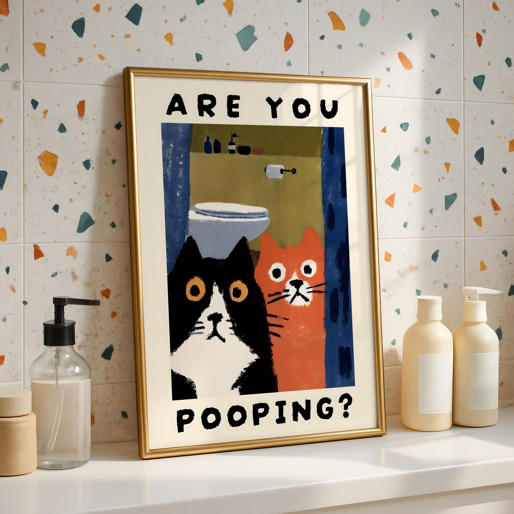 Funny Bathroom Wall Art – Cat Are You Pooping Poster Print