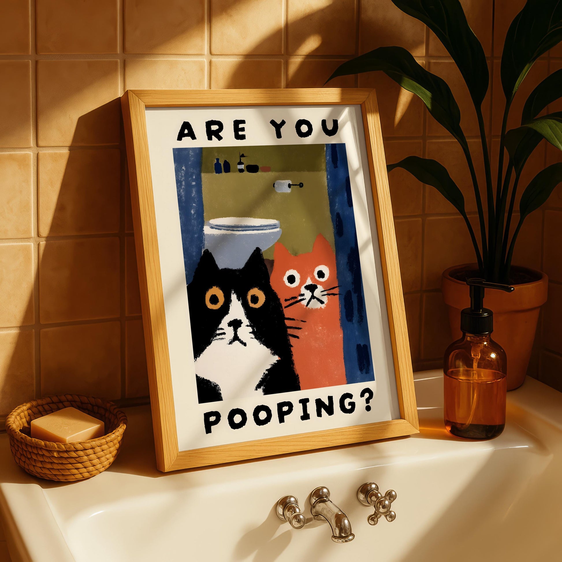 Funny Bathroom Wall Art – Cat Are You Pooping Poster Print