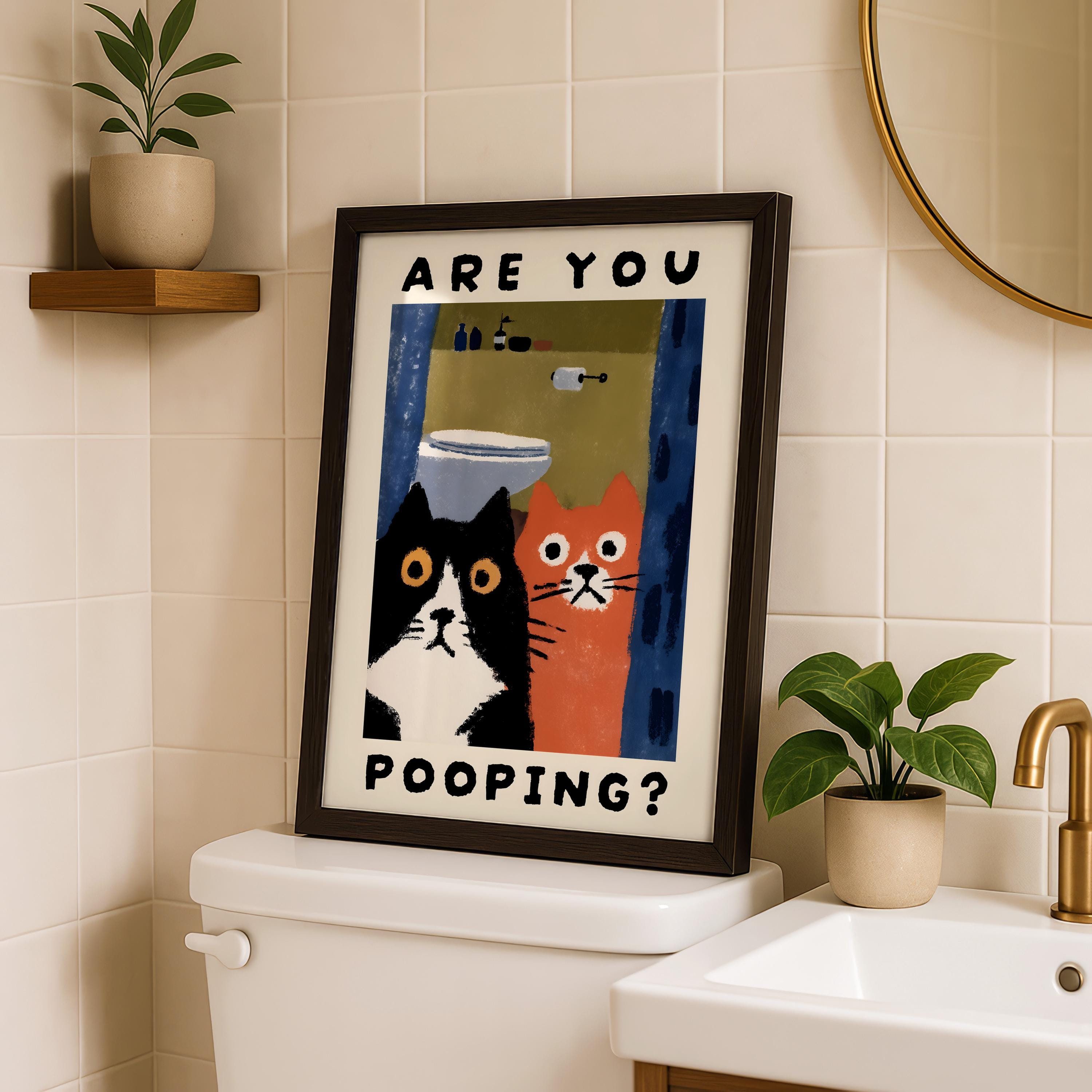 Funny Bathroom Wall Art – Cat Are You Pooping Poster Print