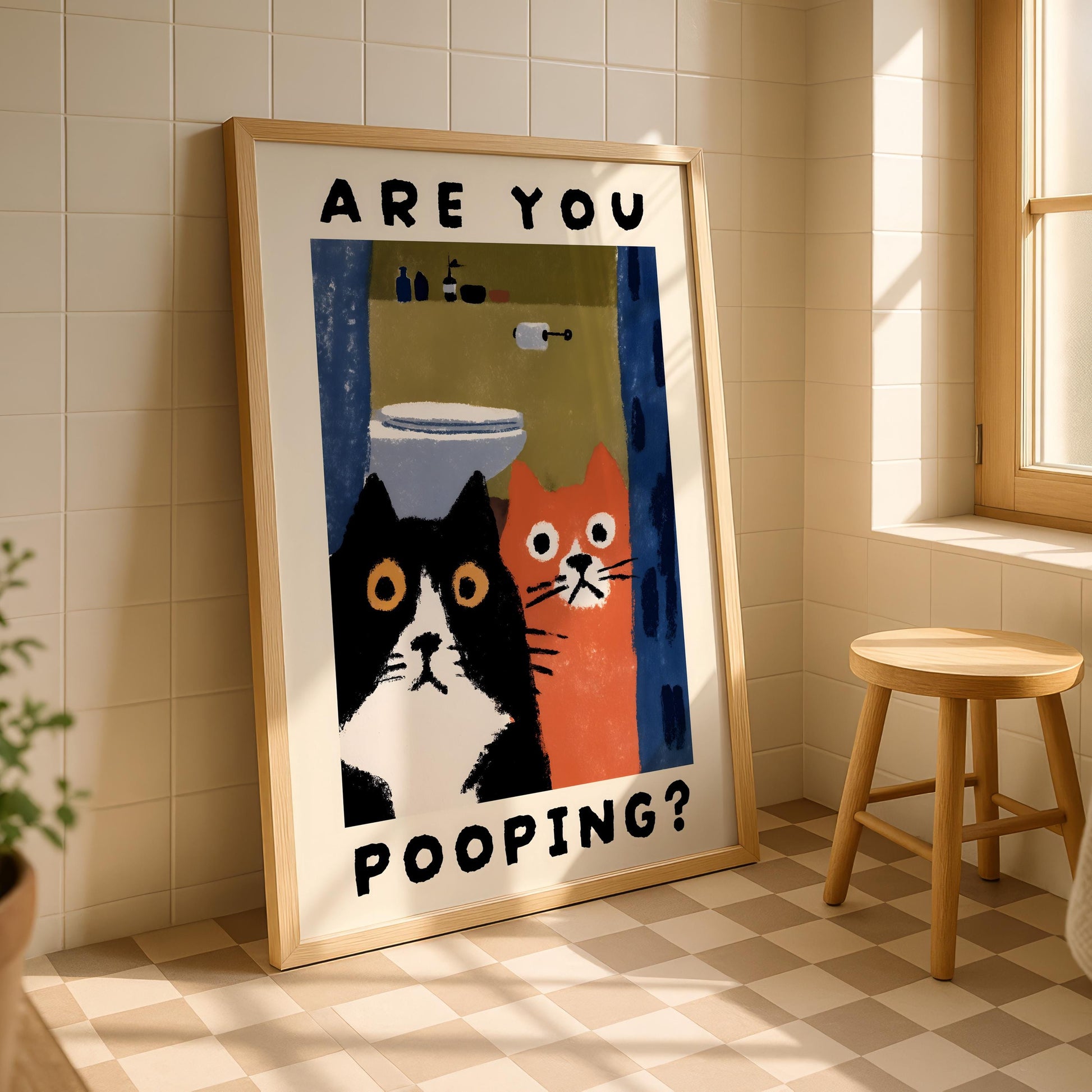 Funny Bathroom Wall Art – Cat Are You Pooping Poster Print