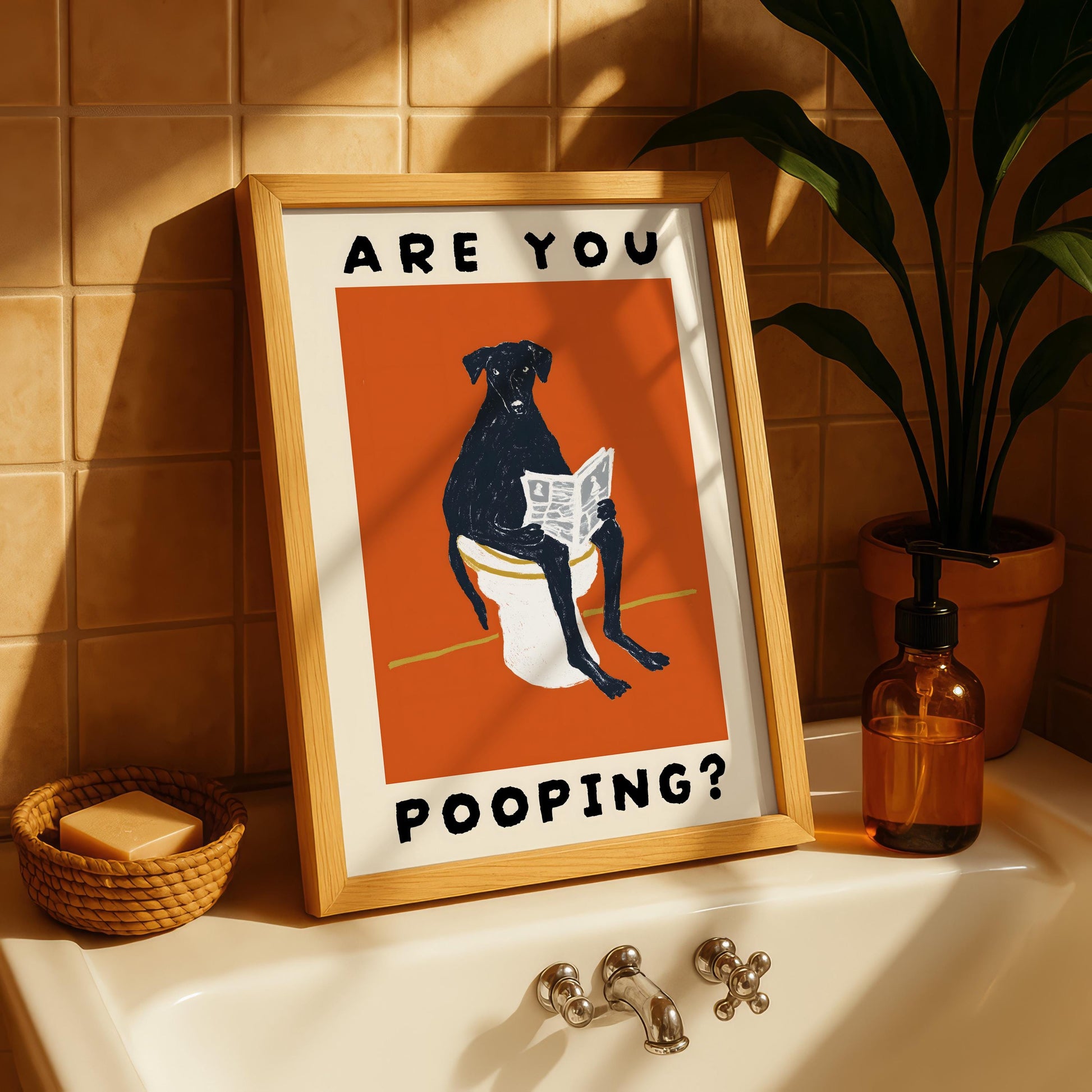 Funny Bathroom Wall Art – Dog “Are You Pooping” Poster Print