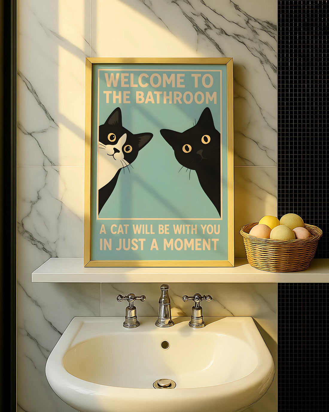 Funny Black Cat Bathroom Wall Art Print – “Welcome To The Bathroom” Vintage Poster