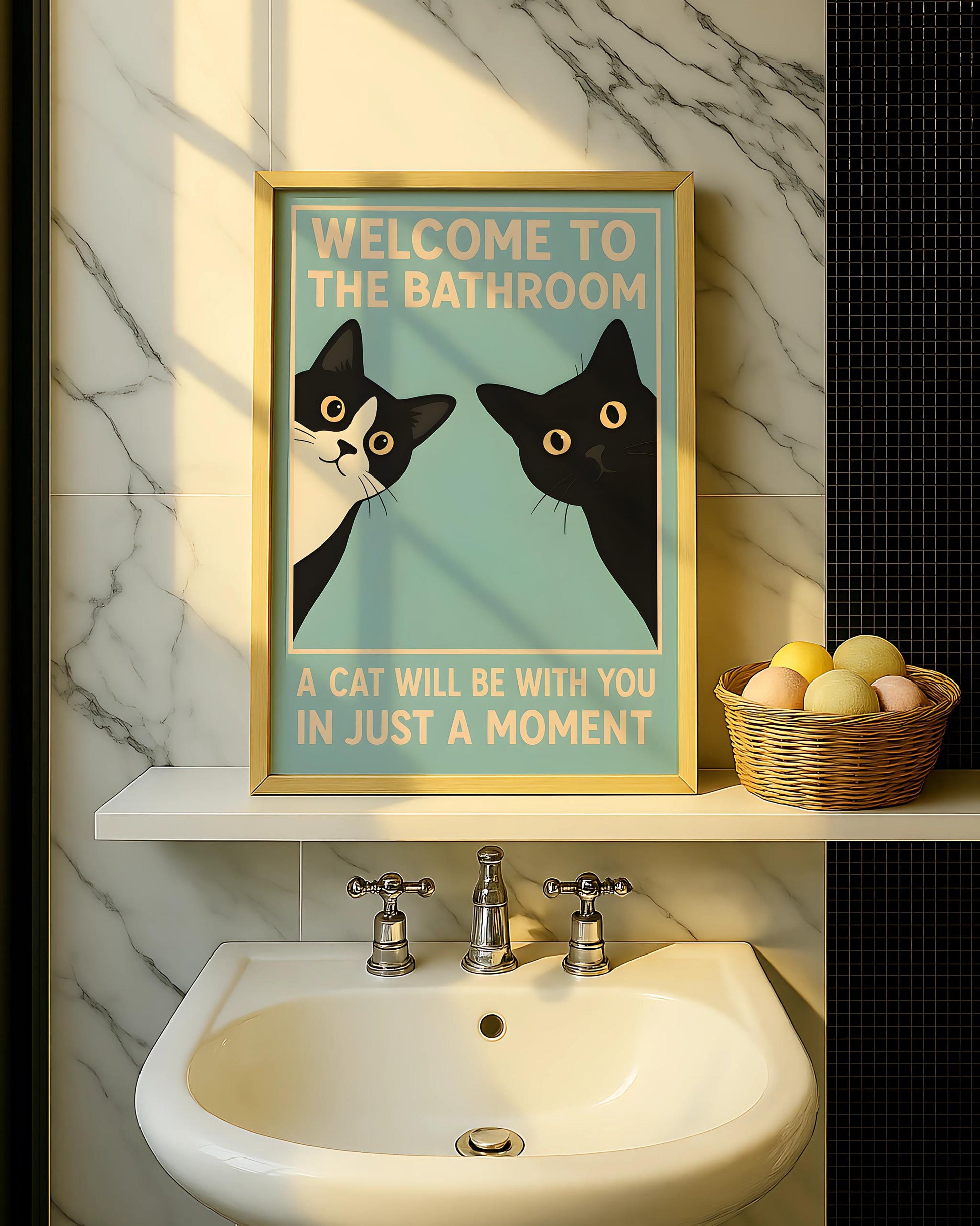 Funny Black Cat Bathroom Wall Art Print – “Welcome To The Bathroom” Vintage Poster