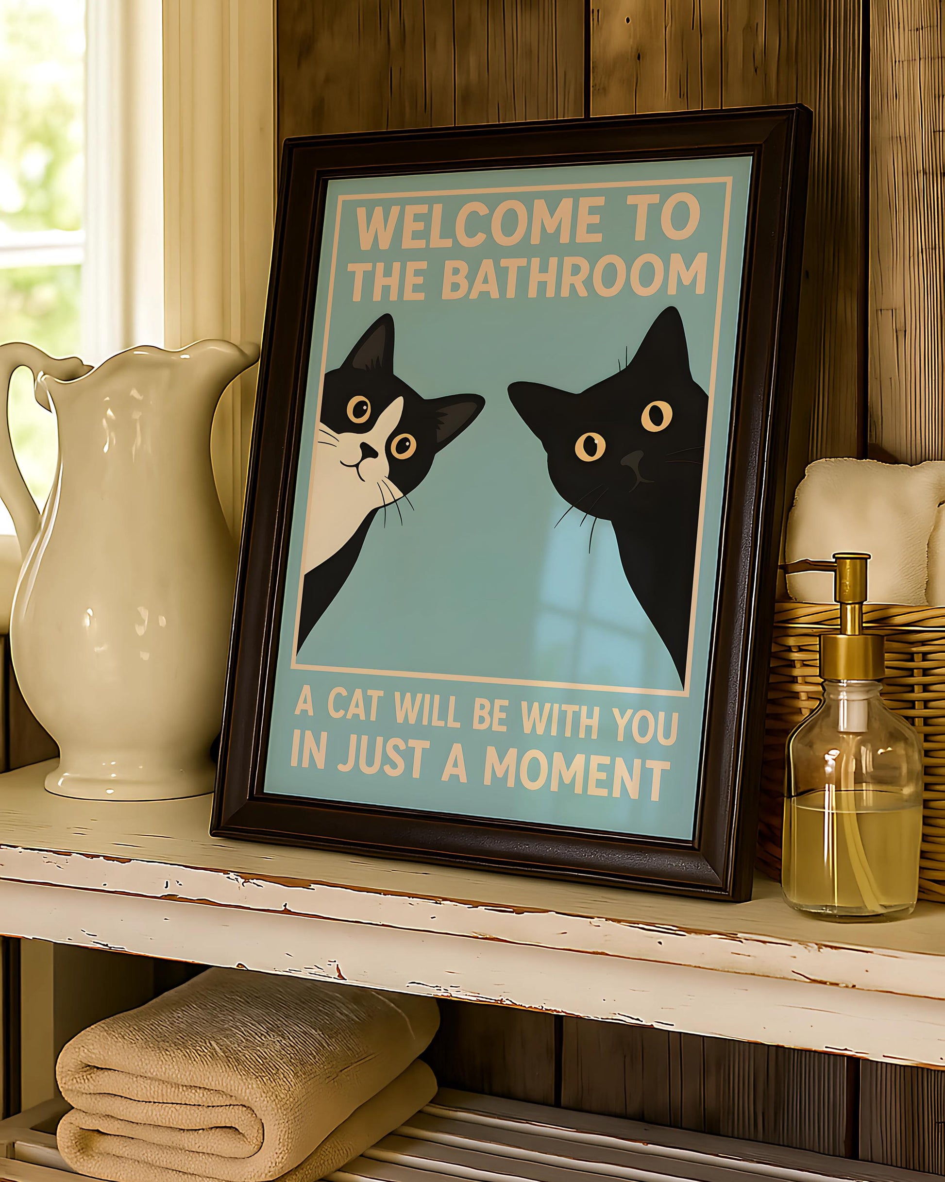 Funny Black Cat Bathroom Wall Art Print – “Welcome To The Bathroom” Vintage Poster