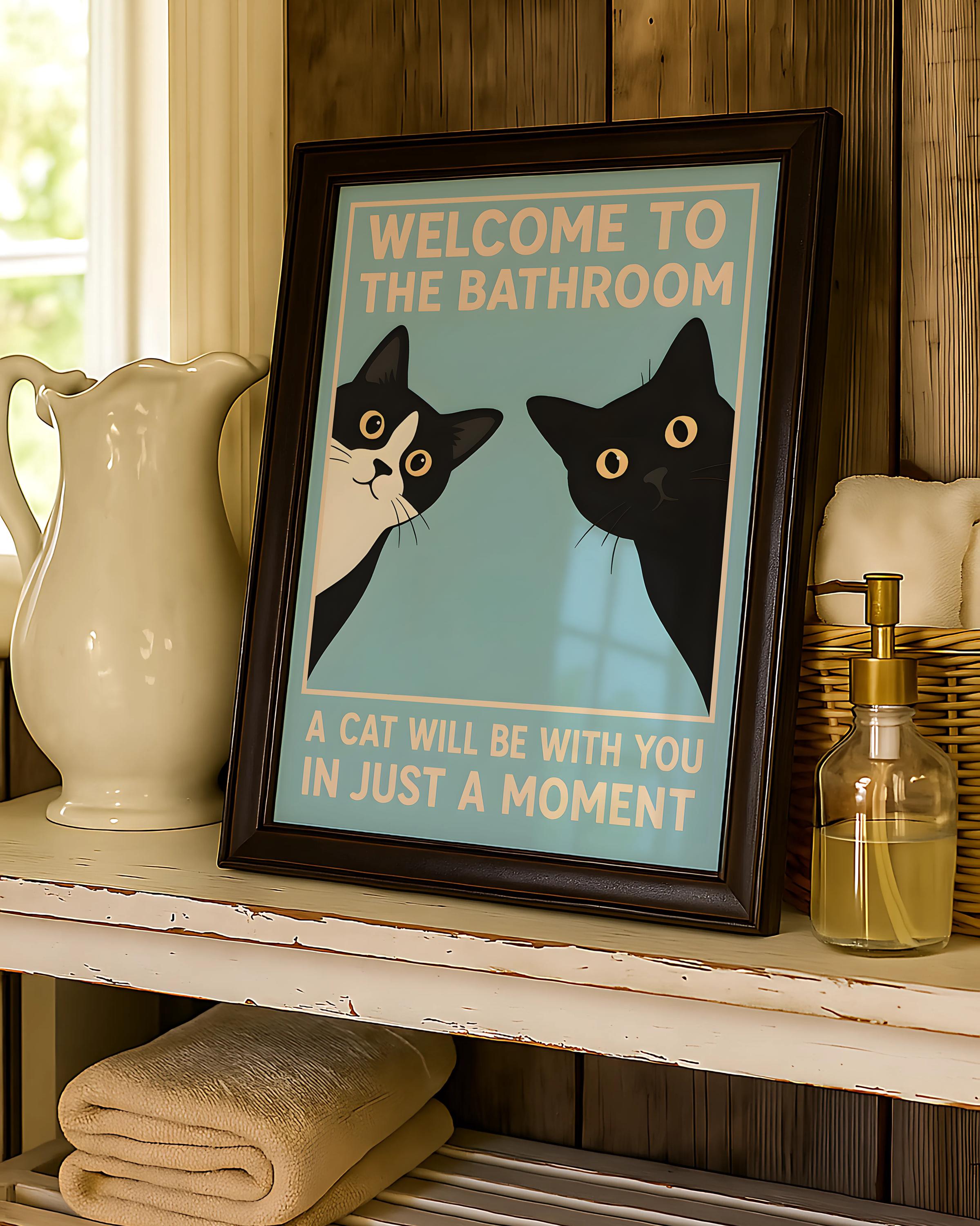 Funny Black Cat Bathroom Wall Art Print – “Welcome To The Bathroom” Vintage Poster