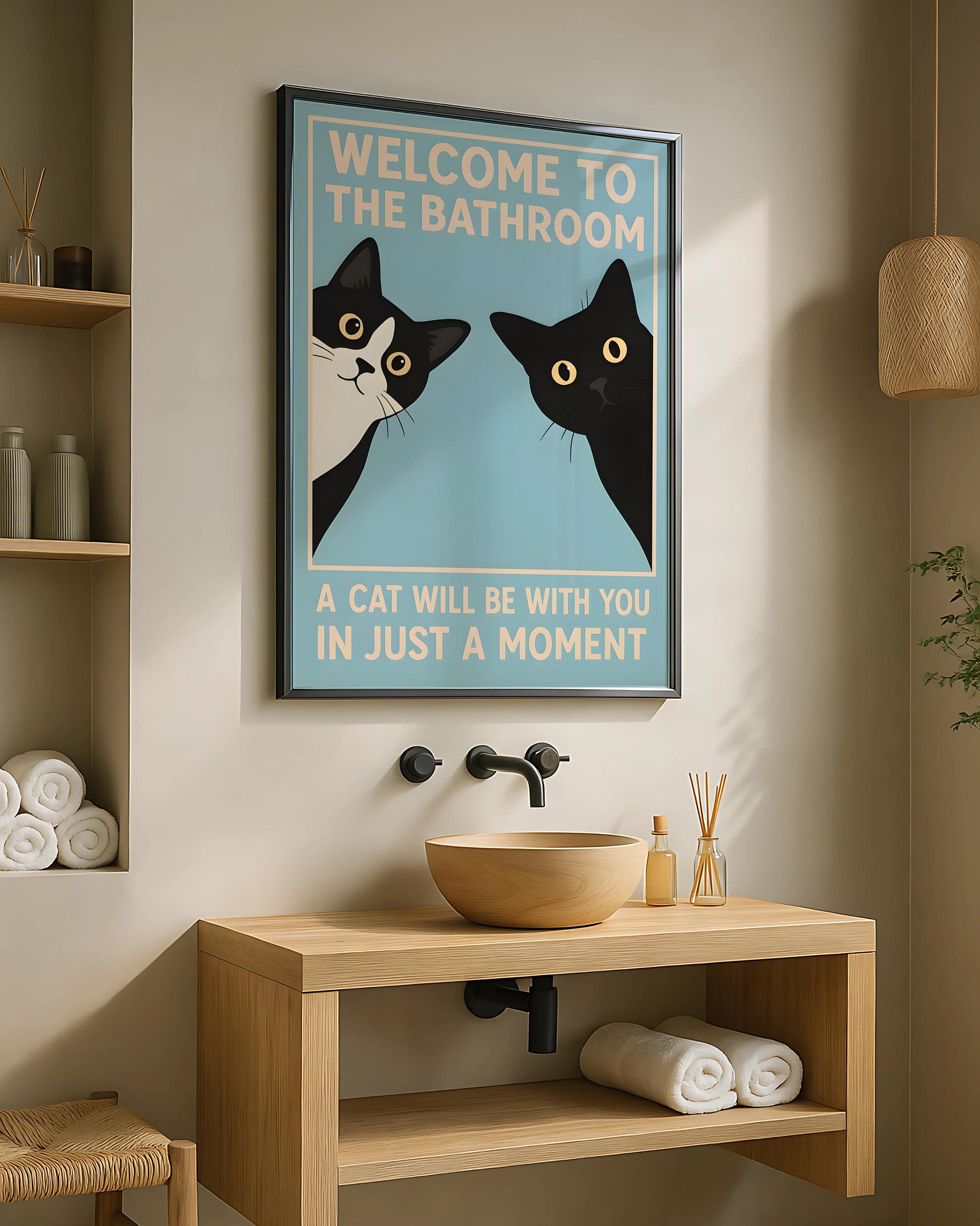 Funny Black Cat Bathroom Wall Art Print – “Welcome To The Bathroom” Vintage Poster
