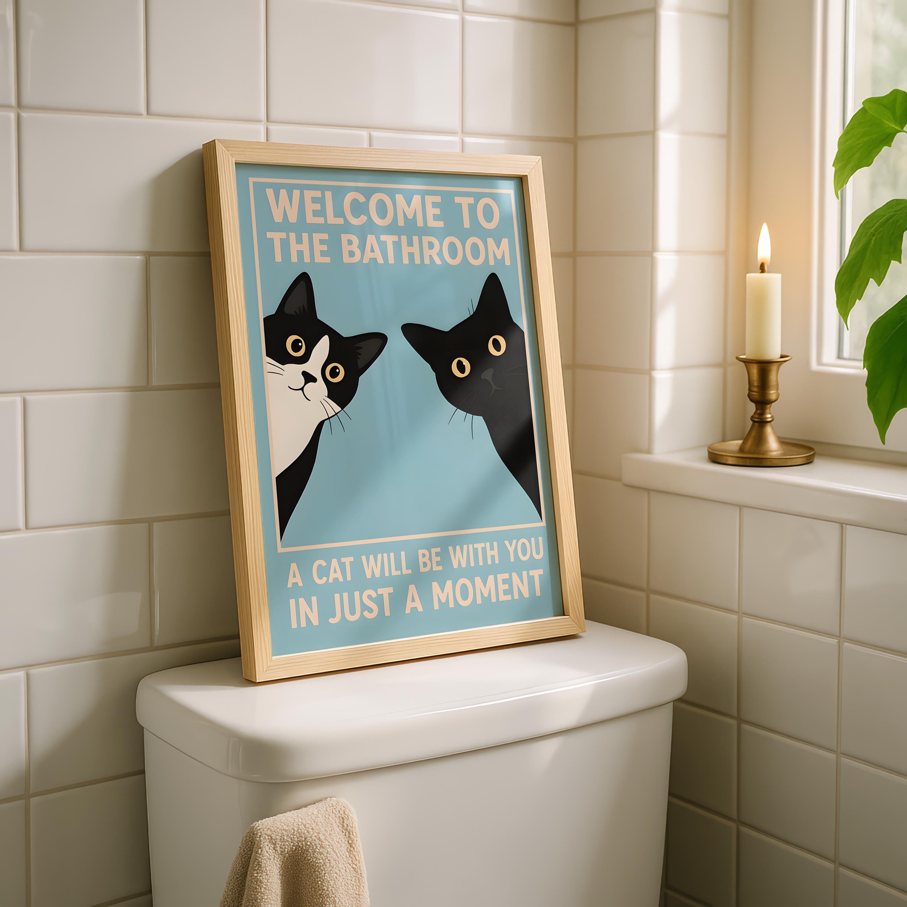 Funny Black Cat Bathroom Wall Art Print – “Welcome To The Bathroom” Vintage Poster
