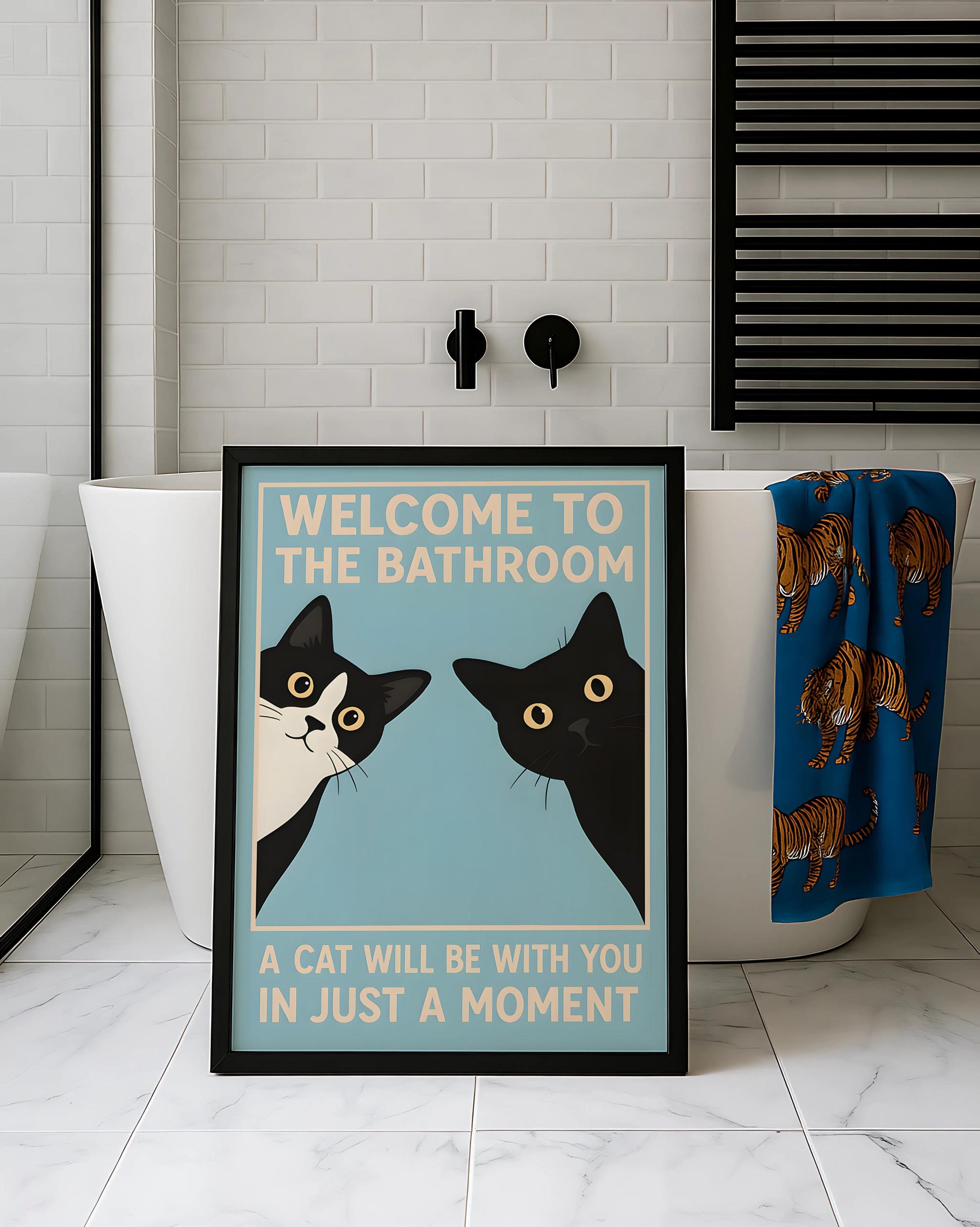 Funny Black Cat Bathroom Wall Art Print – “Welcome To The Bathroom” Vintage Poster