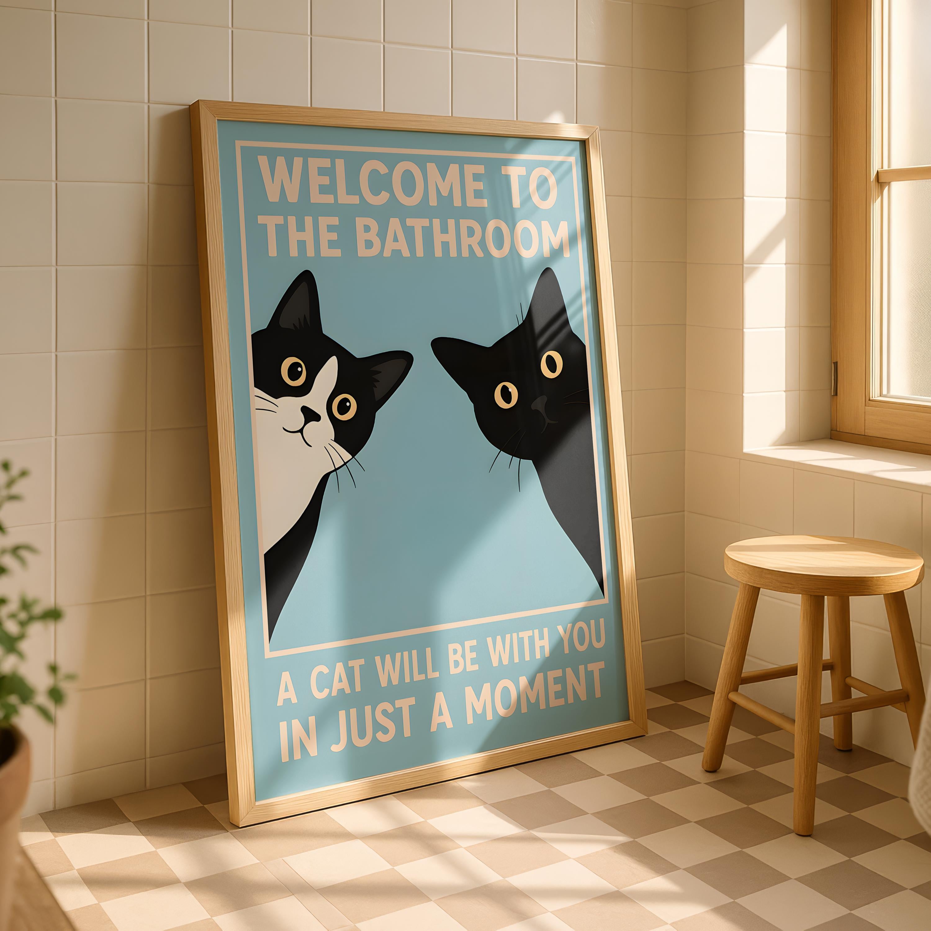 Funny Black Cat Bathroom Wall Art Print – “Welcome To The Bathroom” Vintage Poster