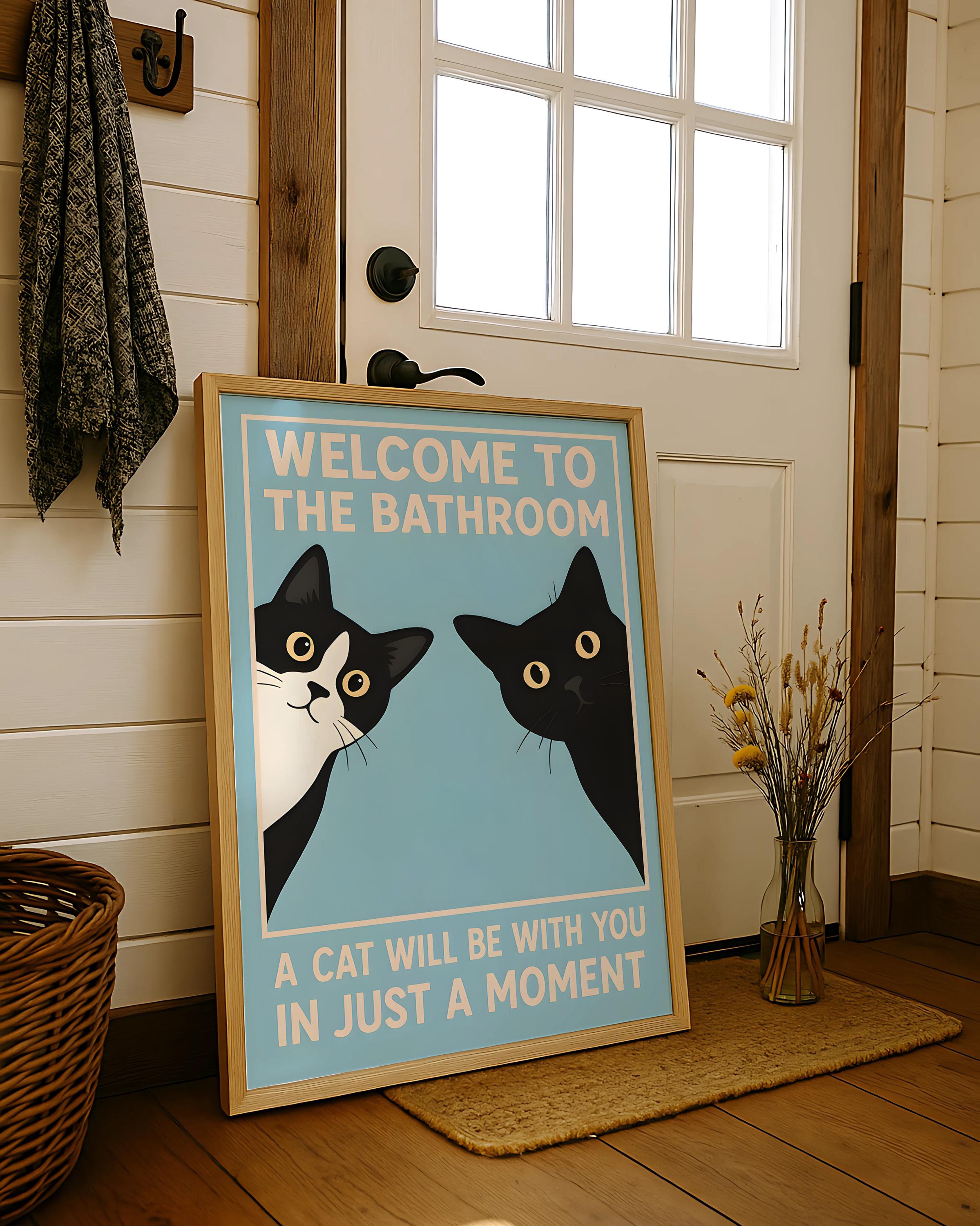 Funny Black Cat Bathroom Wall Art Print – “Welcome To The Bathroom” Vintage Poster