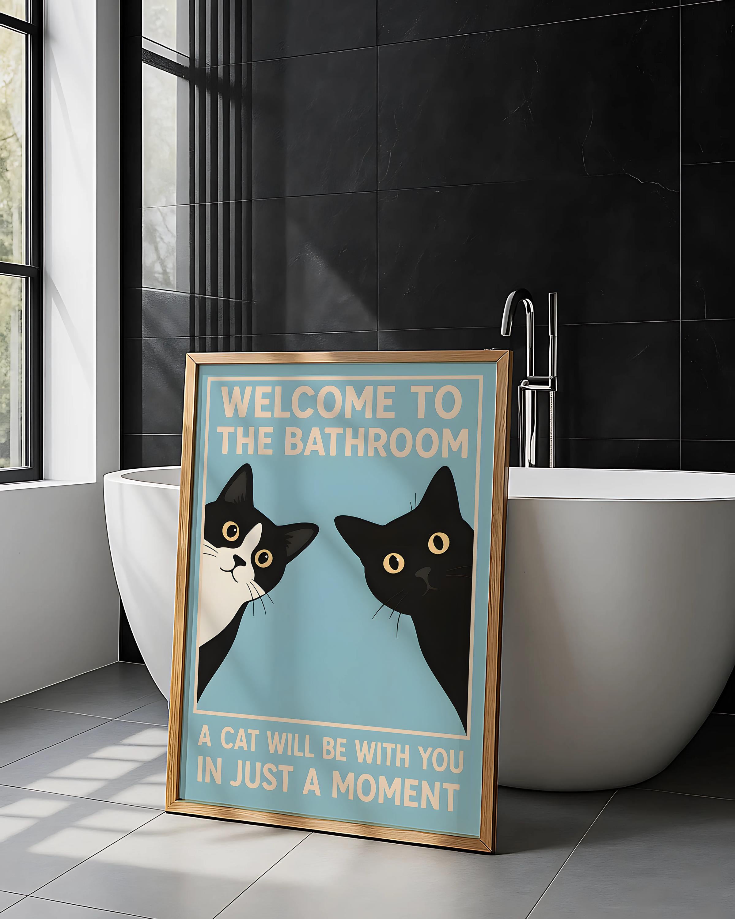 Funny Black Cat Bathroom Wall Art Print – “Welcome To The Bathroom” Vintage Poster