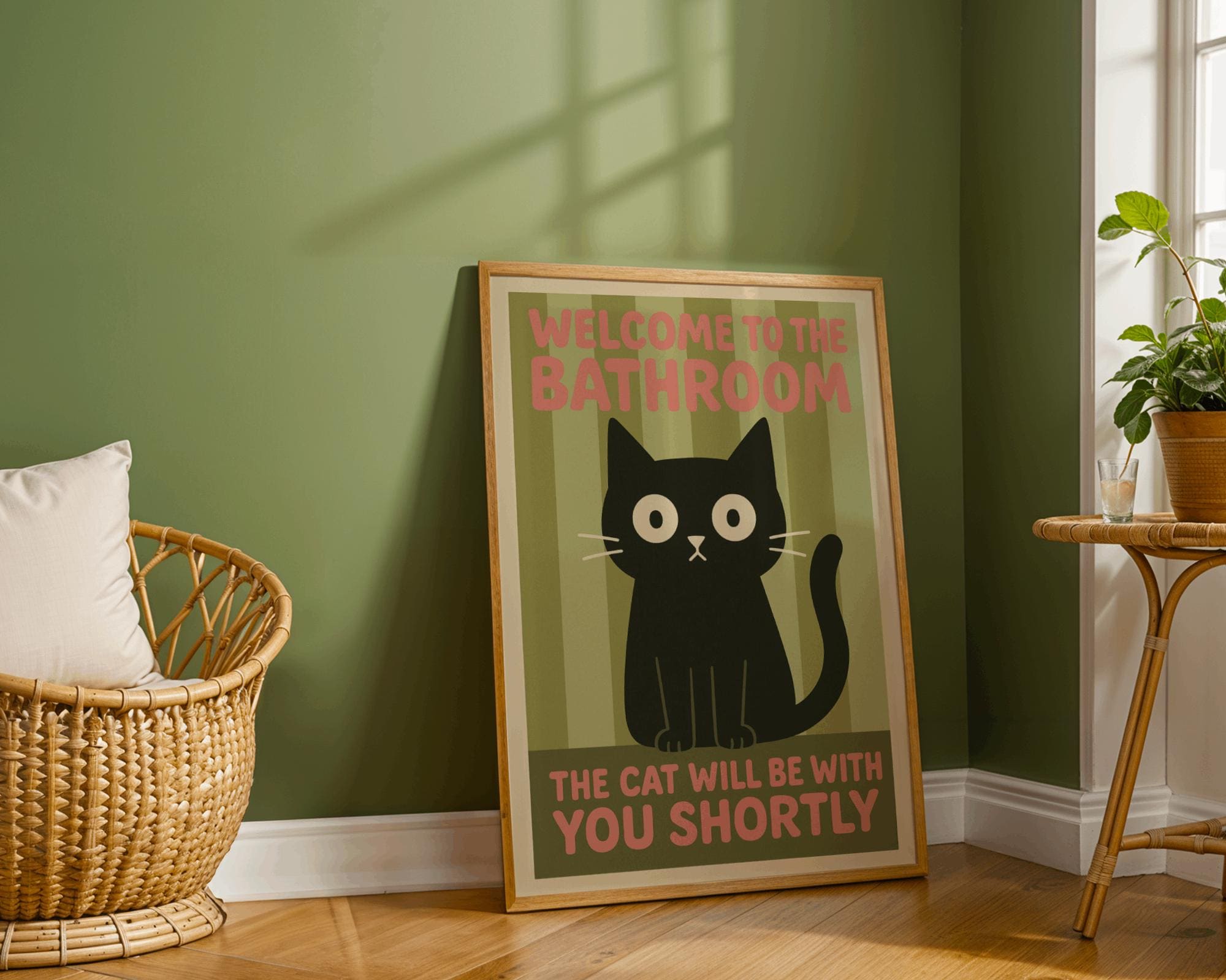 Funny Cat Bathroom Sign Wall Art – Cat Peeking Poster, Cat Mom Gift Decor