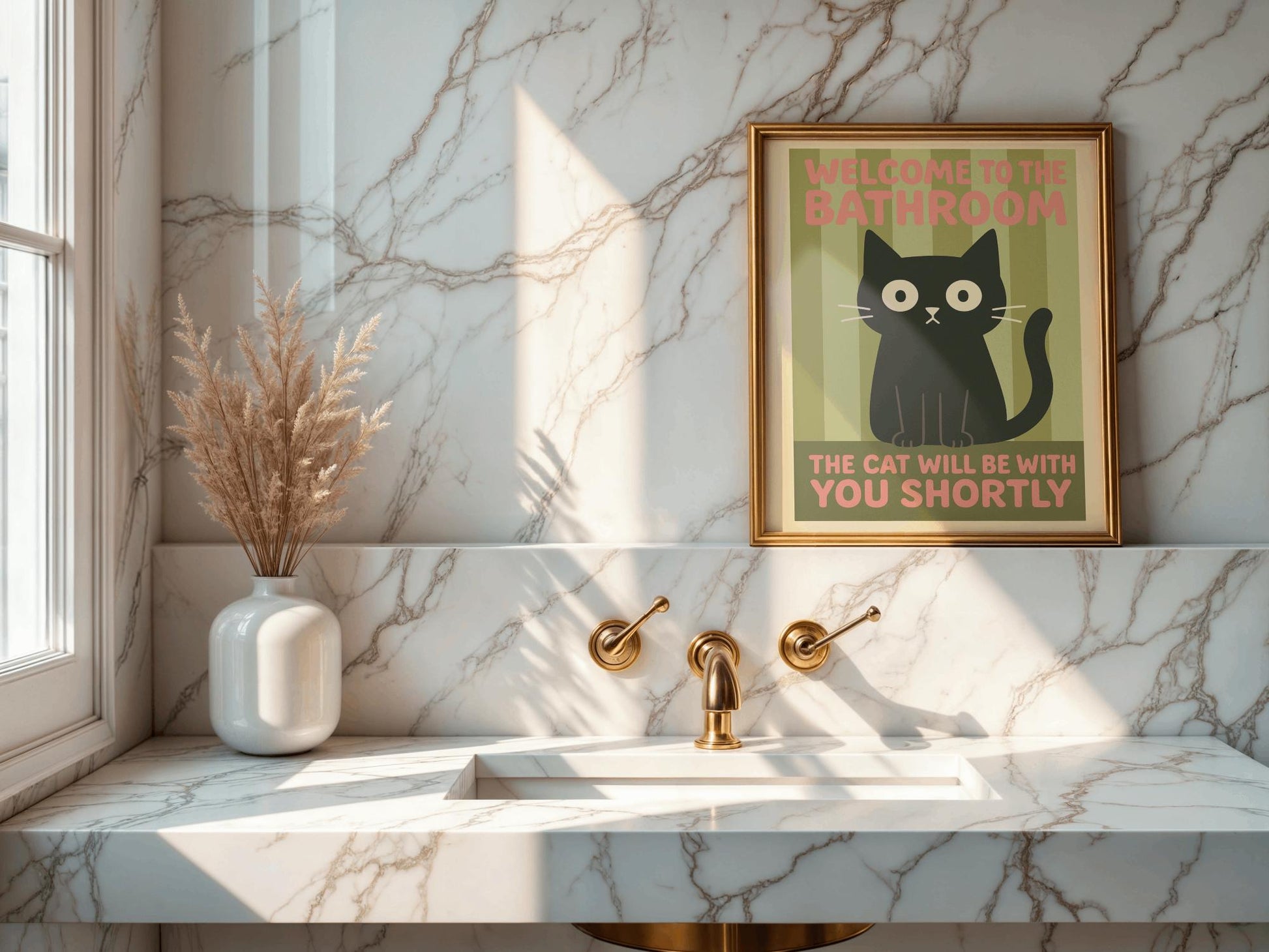 Funny Cat Bathroom Sign Wall Art – Cat Peeking Poster, Cat Mom Gift Decor