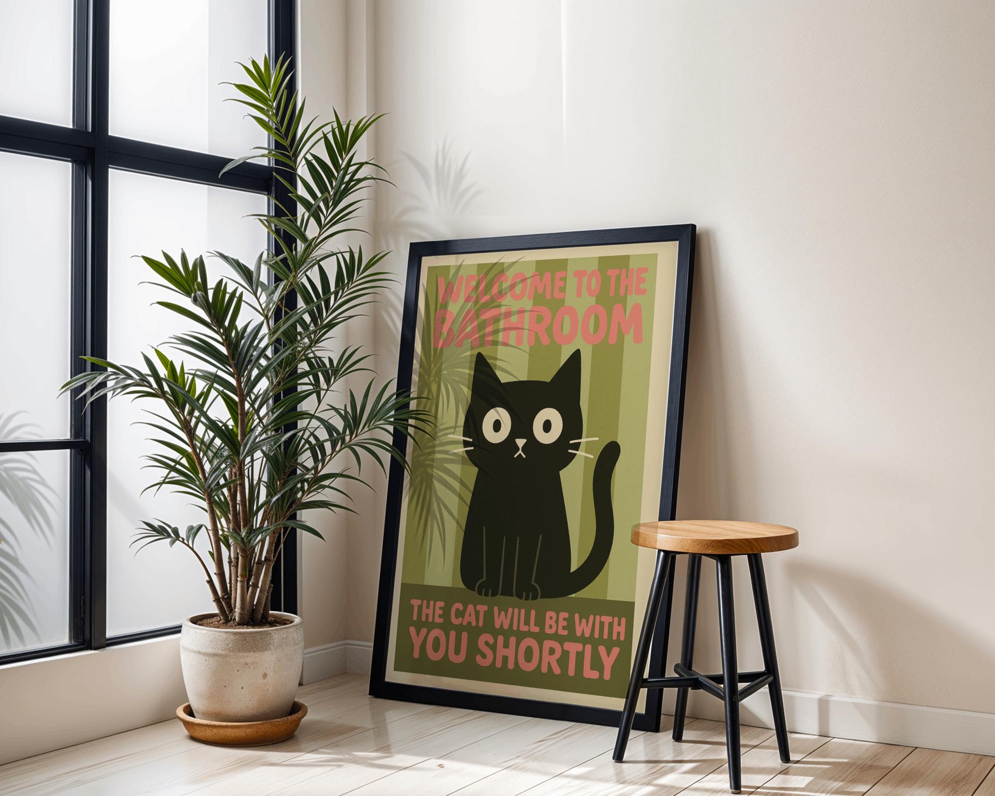 Funny Cat Bathroom Sign Wall Art – Cat Peeking Poster, Cat Mom Gift Decor