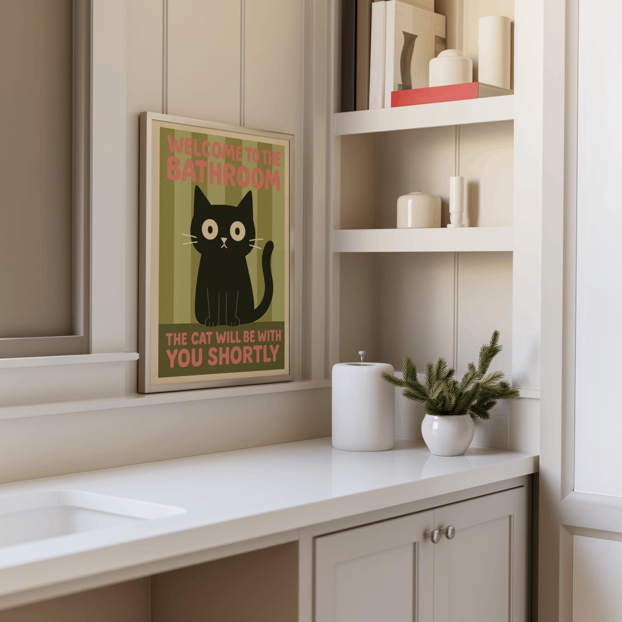 Funny Cat Bathroom Sign Wall Art – Cat Peeking Poster, Cat Mom Gift Decor