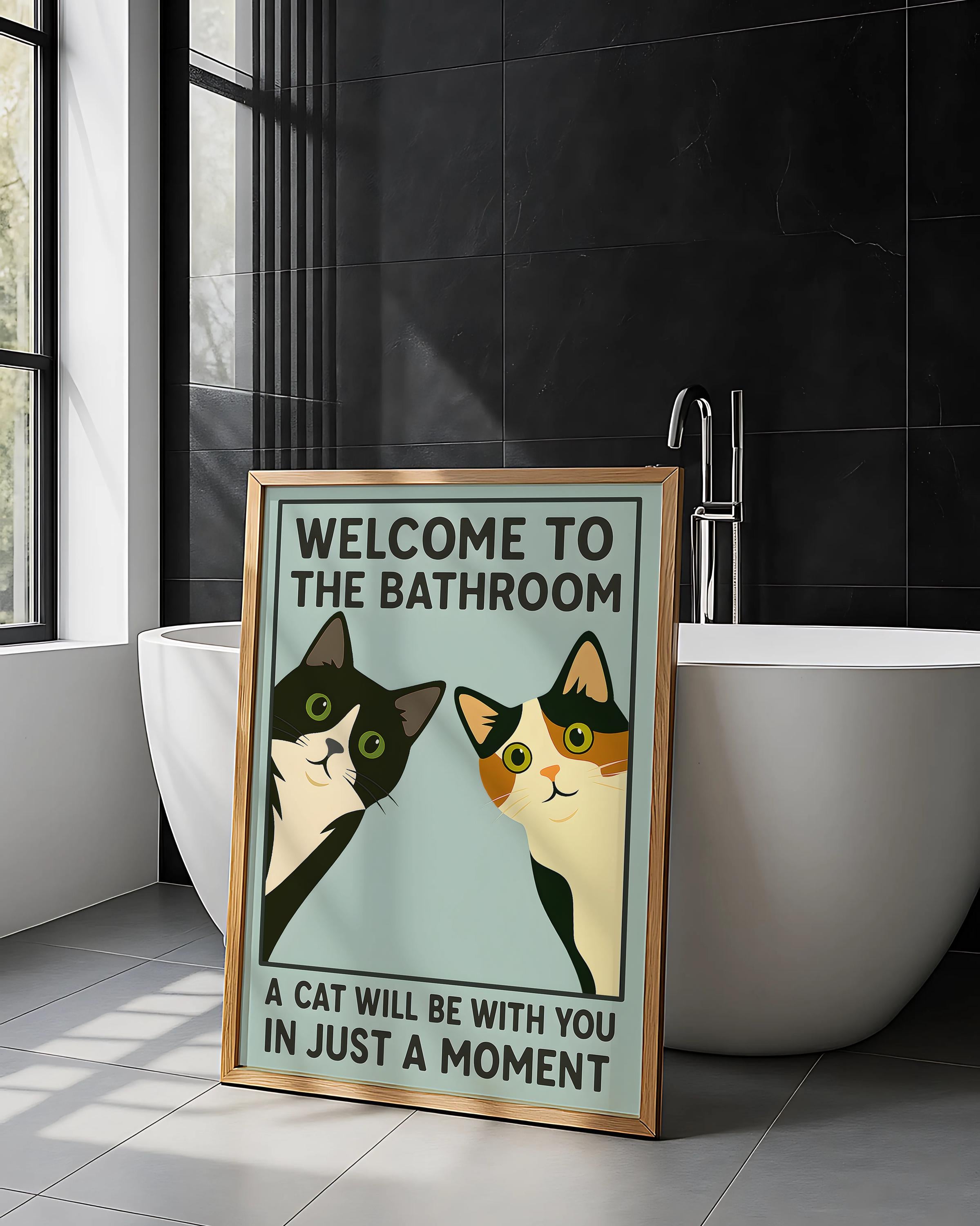 Funny Cat Bathroom Wall Art Print Set – Tuxedo & Calico Vintage Poster Duo