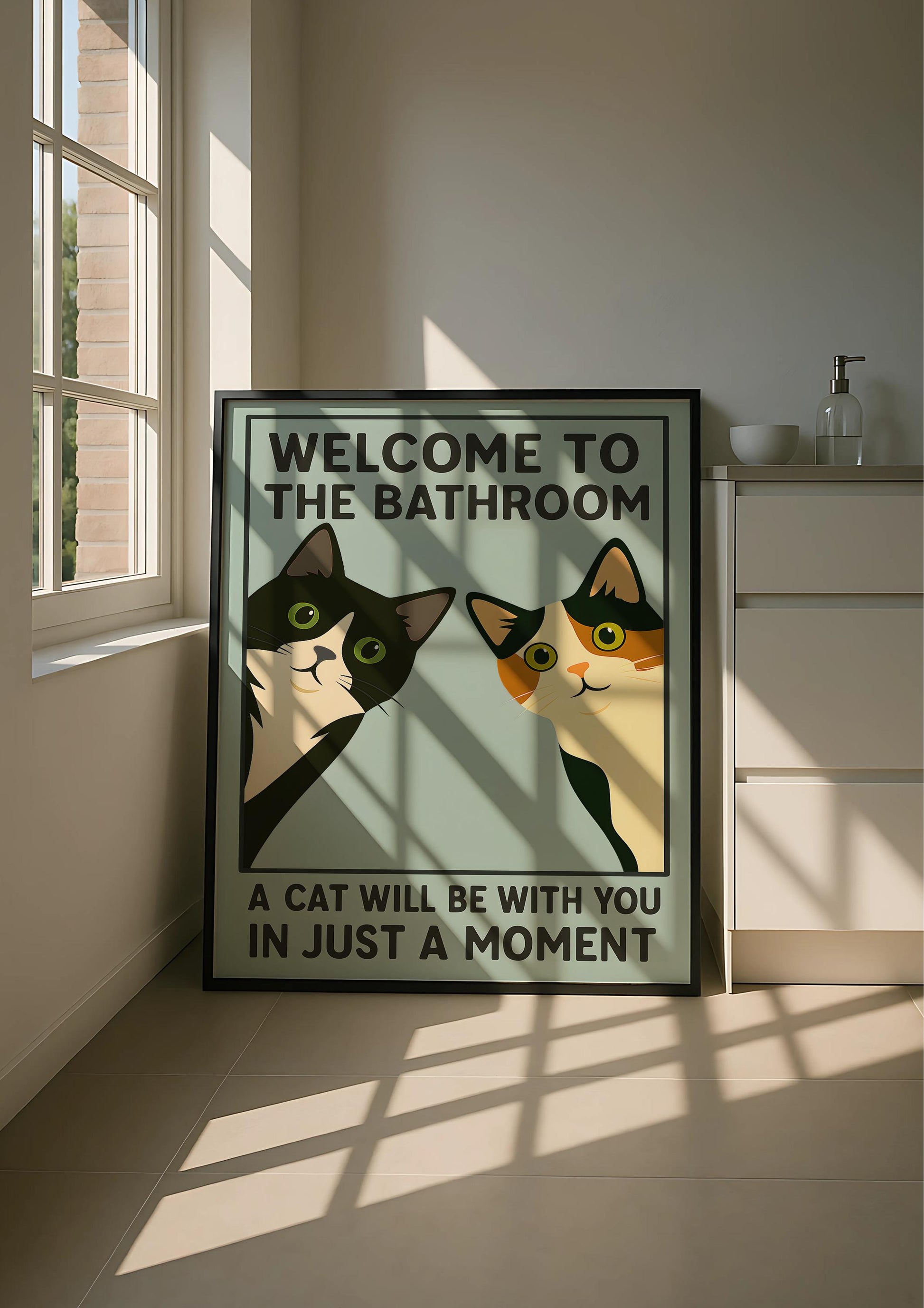 Funny Cat Bathroom Wall Art Print Set – Tuxedo & Calico Vintage Poster Duo