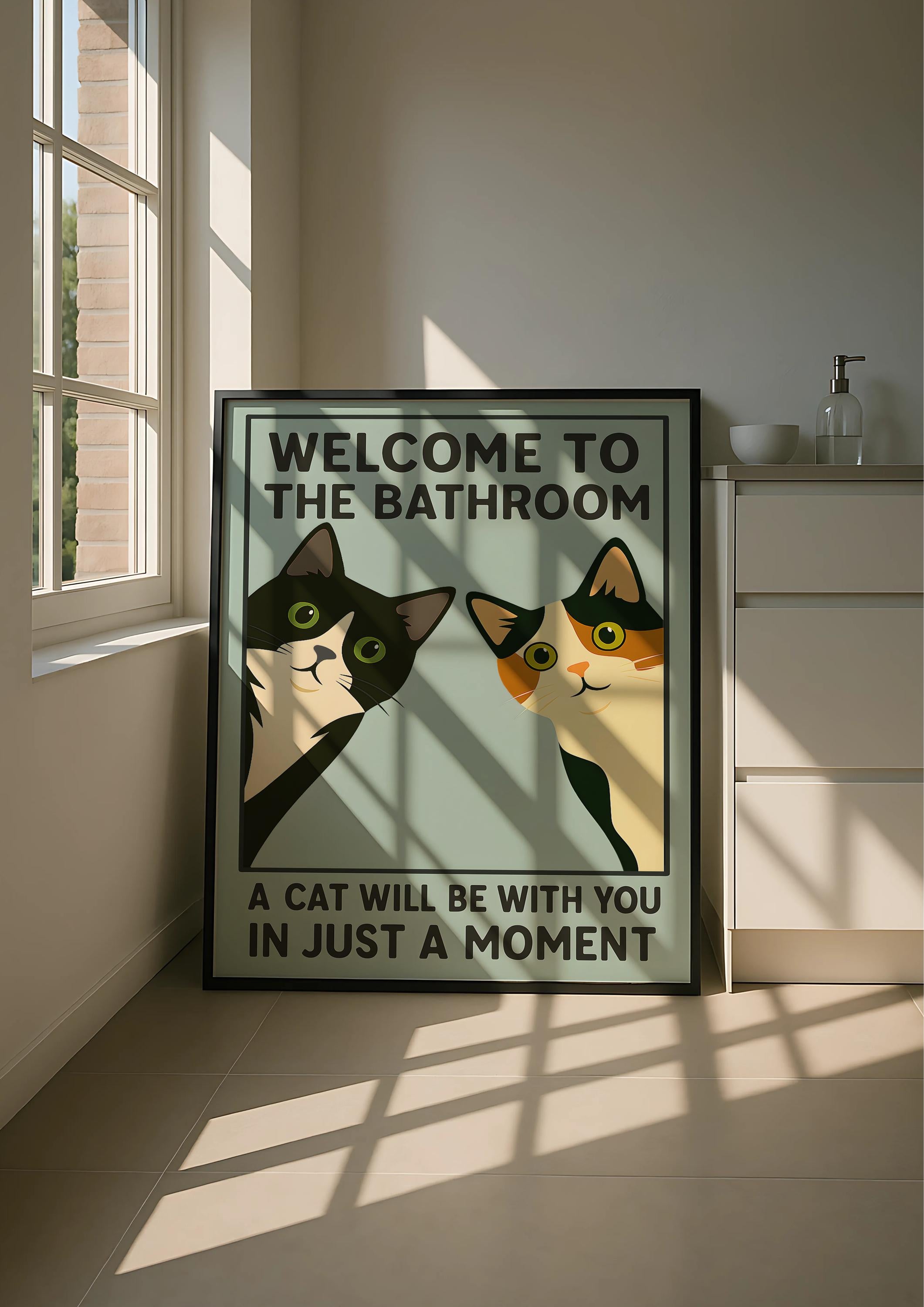 Funny Cat Bathroom Wall Art Print Set – Tuxedo & Calico Vintage Poster Duo