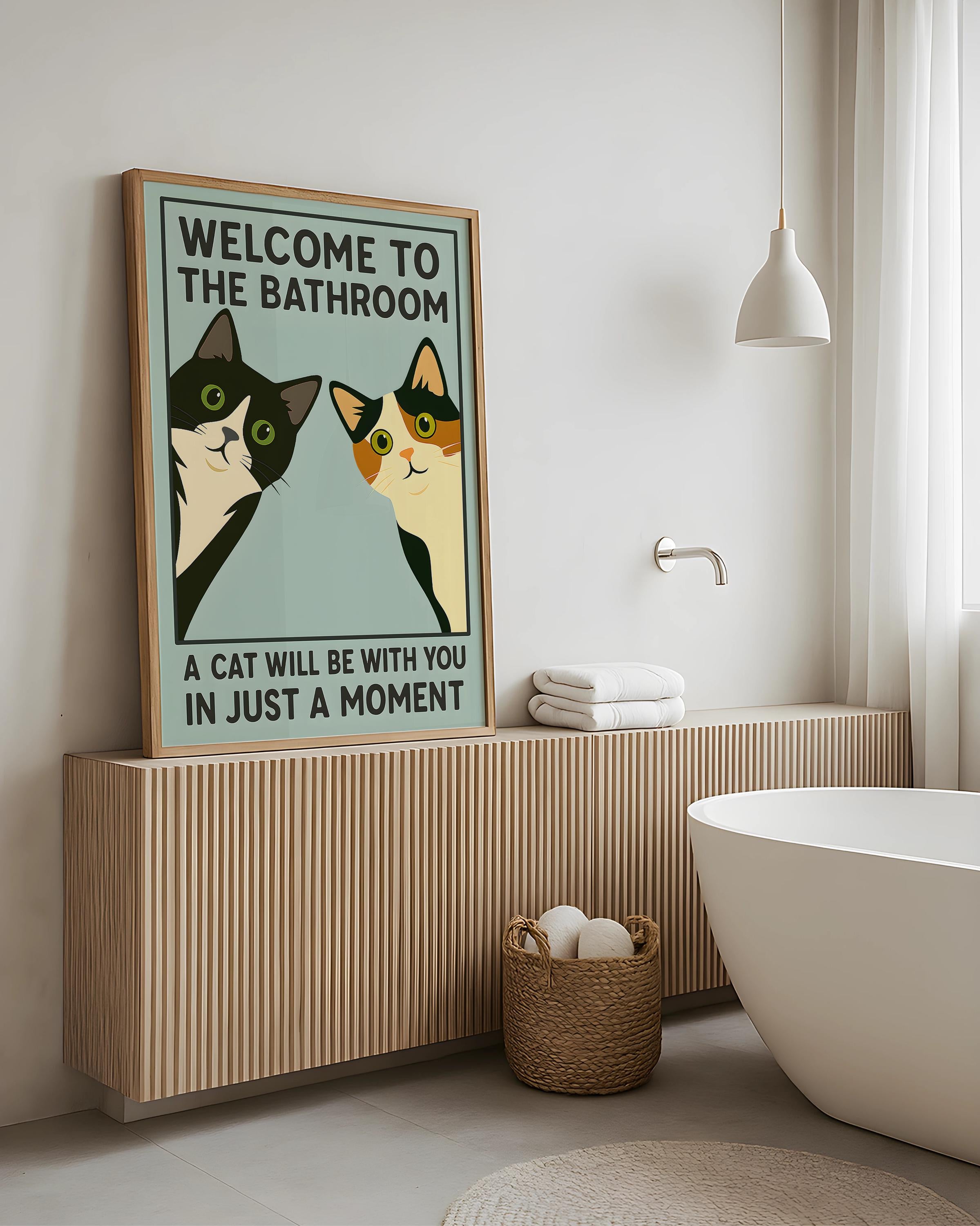 Funny Cat Bathroom Wall Art Print Set – Tuxedo & Calico Vintage Poster Duo
