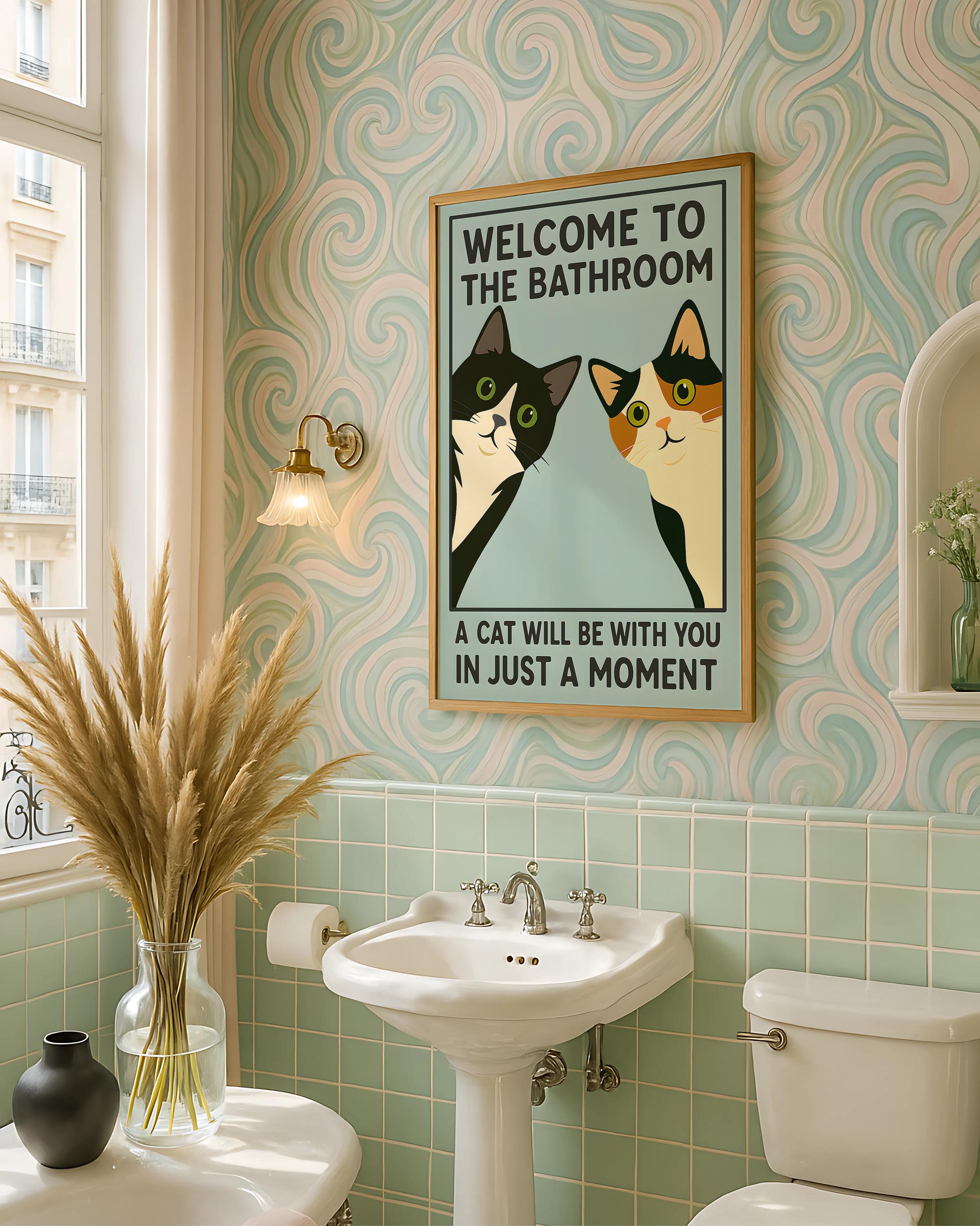 Funny Cat Bathroom Wall Art Print Set – Tuxedo & Calico Vintage Poster Duo
