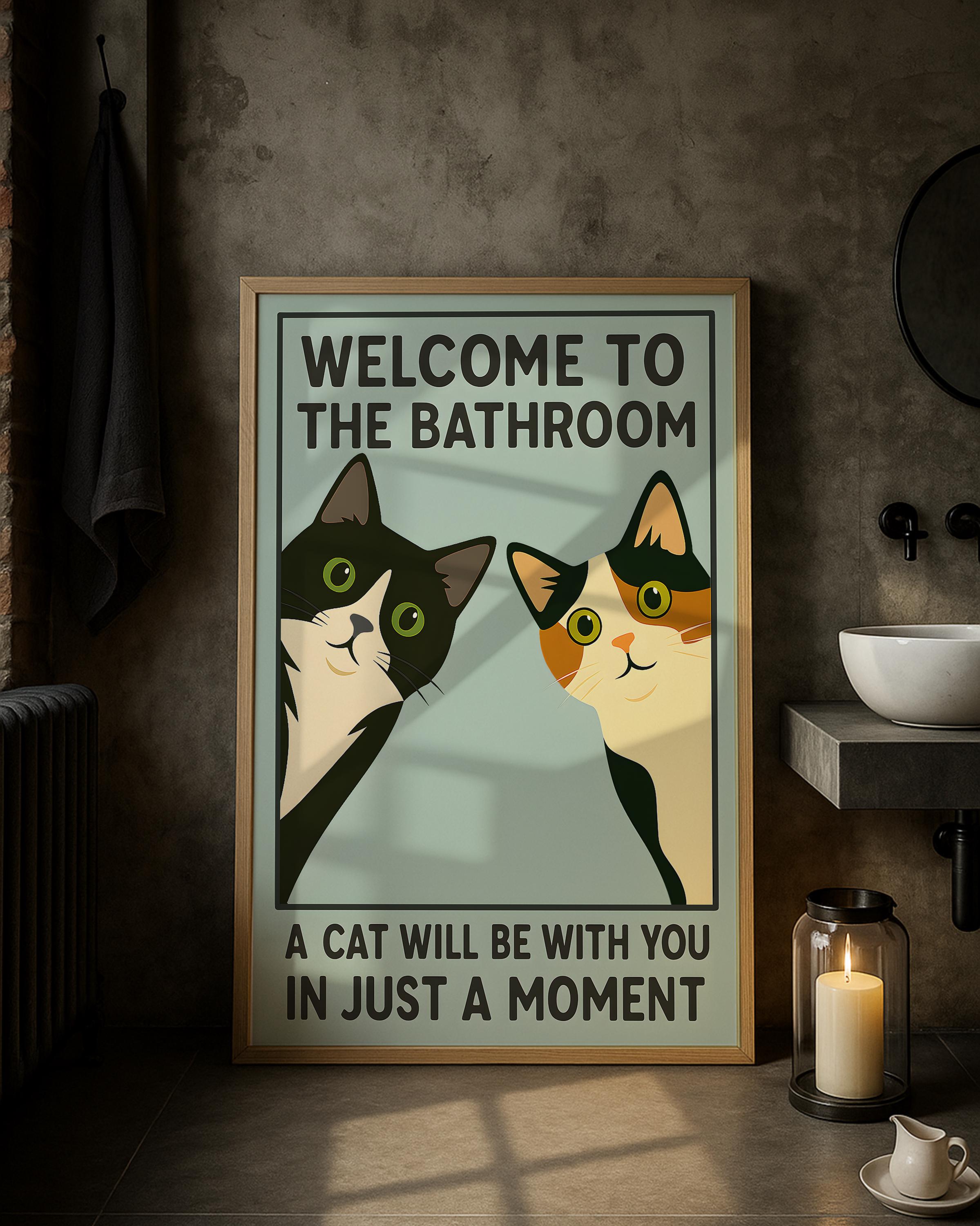 Funny Cat Bathroom Wall Art Print Set – Tuxedo & Calico Vintage Poster Duo