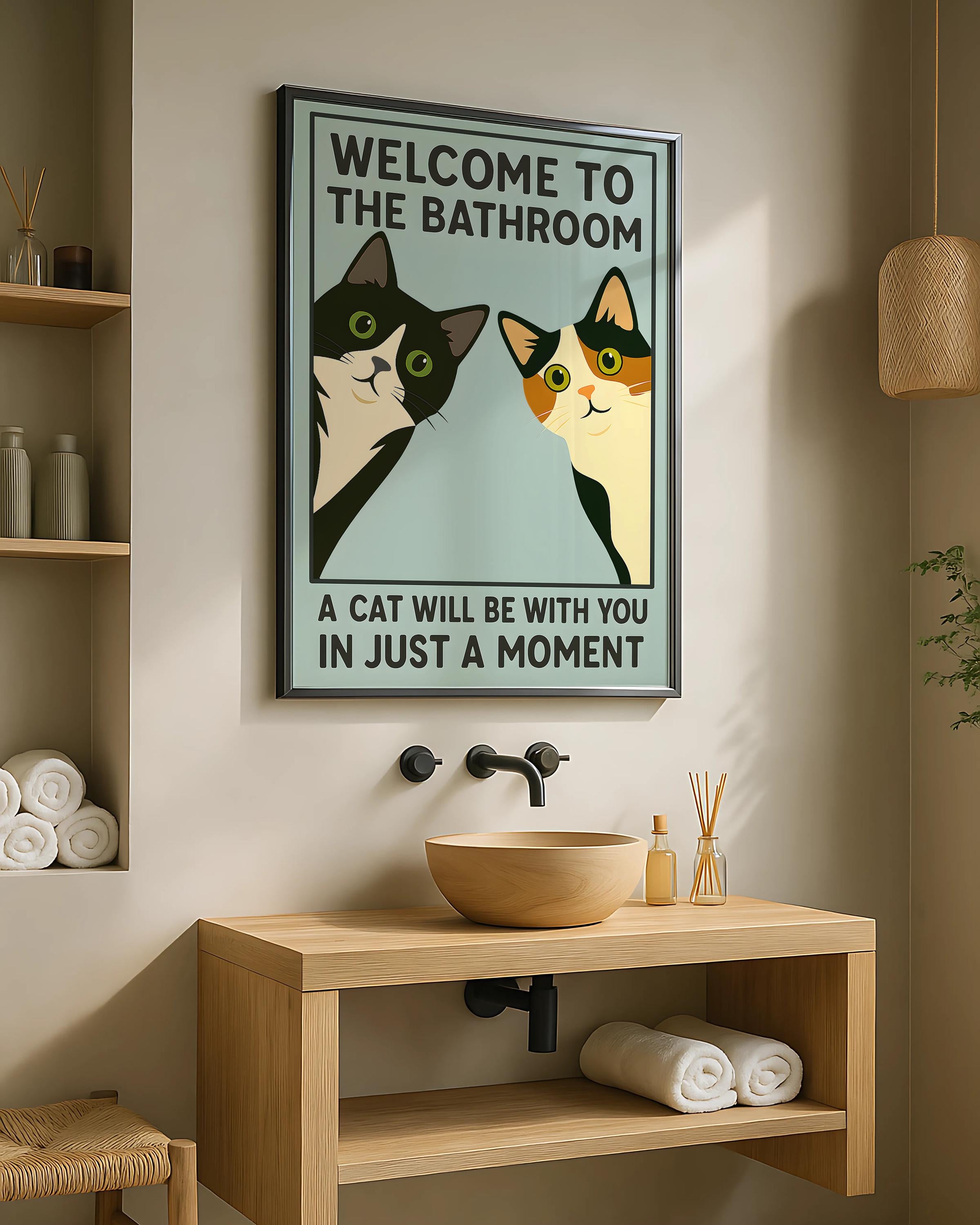 Funny Cat Bathroom Wall Art Print Set – Tuxedo & Calico Vintage Poster Duo