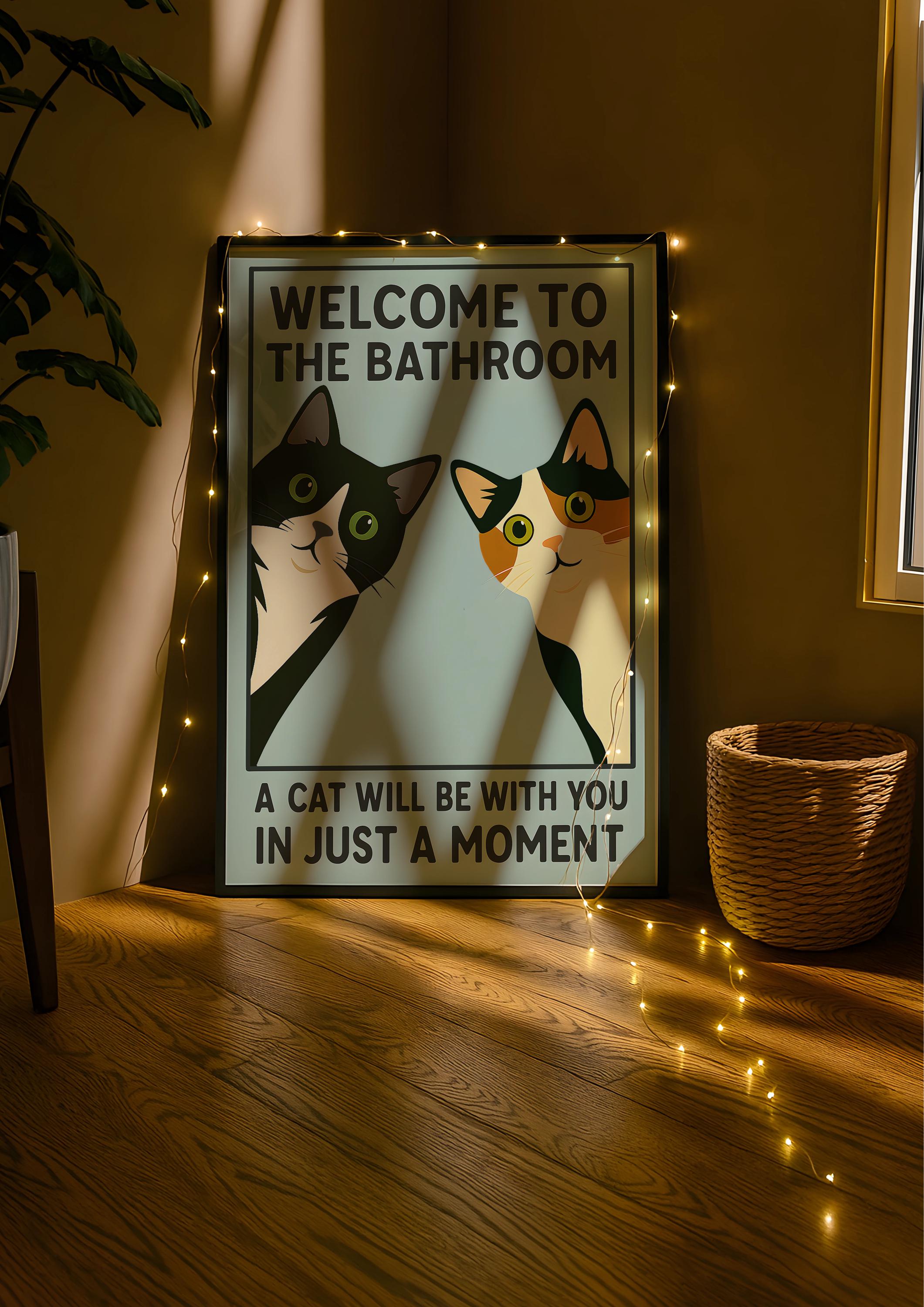 Funny Cat Bathroom Wall Art Print Set – Tuxedo & Calico Vintage Poster Duo