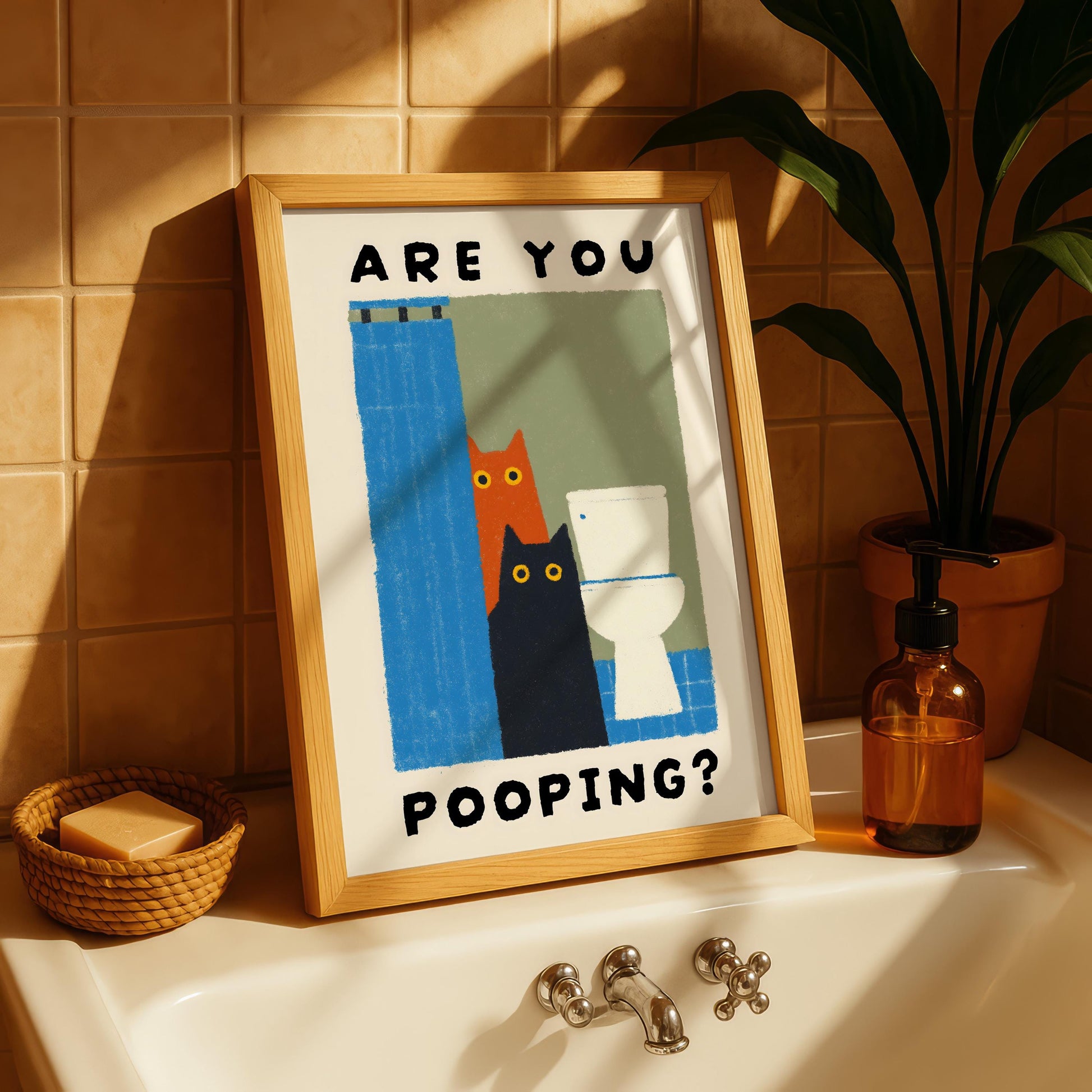 Funny Cat Bathroom Wall Art Print – Are You Pooping Cute Toilet Humor Poster