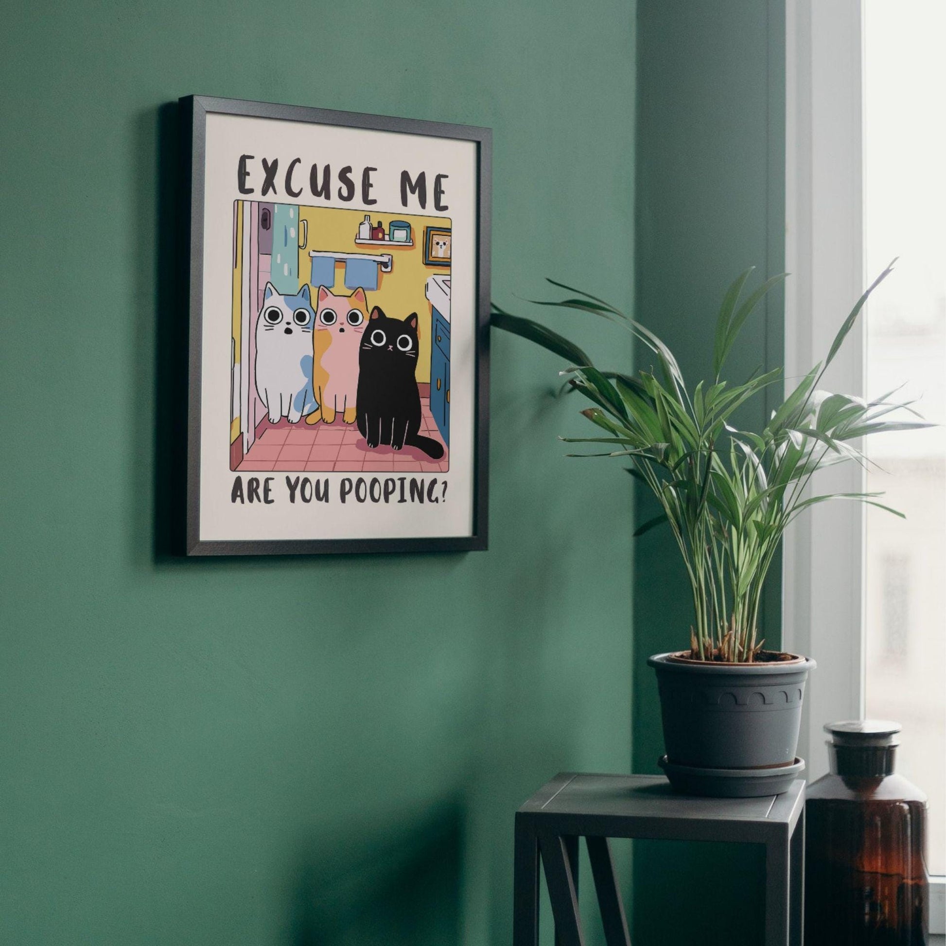 Funny Cat Bathroom Wall Art Print – “Excuse Me Are You Pooping” Humor Poster