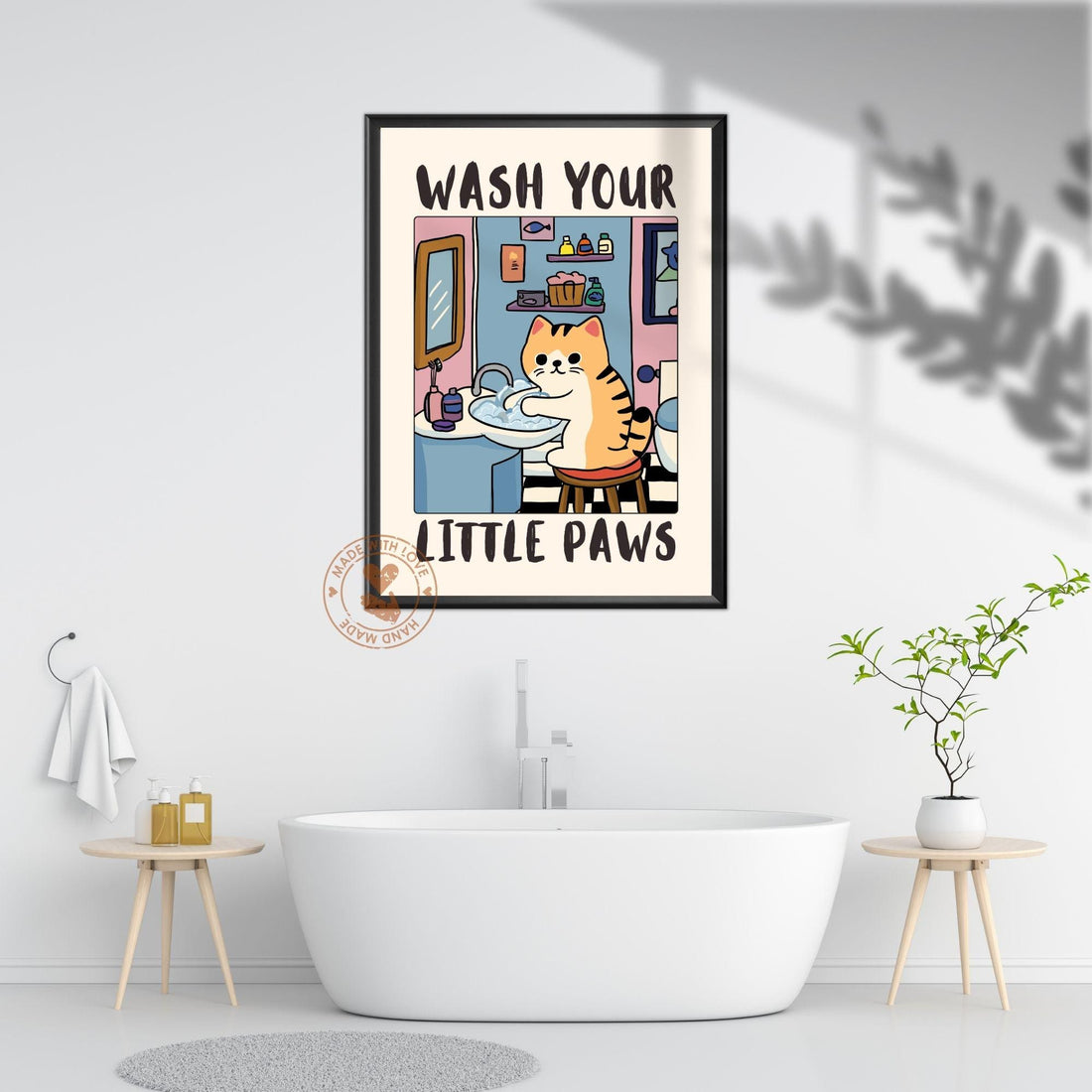 Funny Cat Bathroom Wall Art Print – “Wash Your Little Paws” Poster Decor