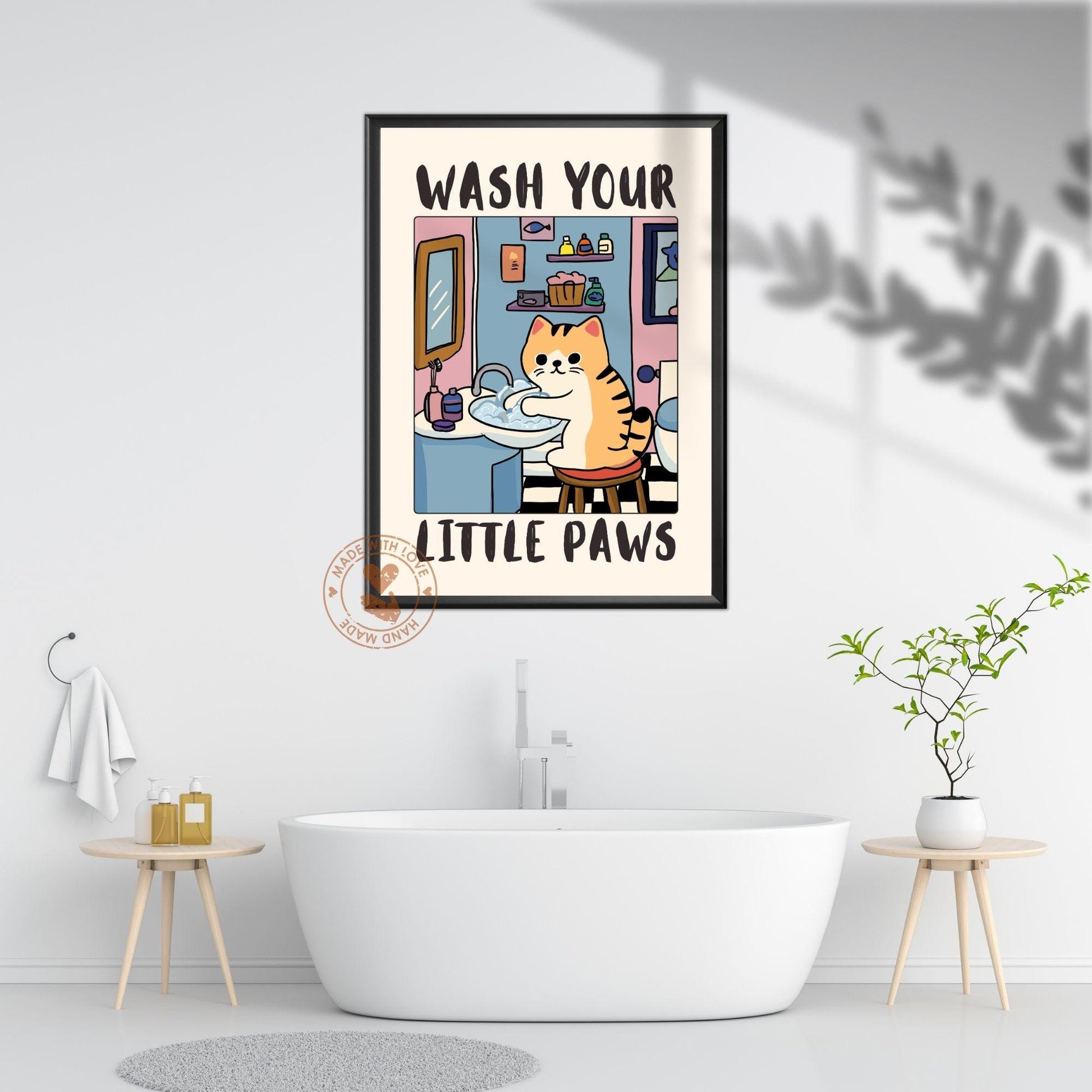 Funny Cat Bathroom Wall Art Print – “Wash Your Little Paws” Poster Decor