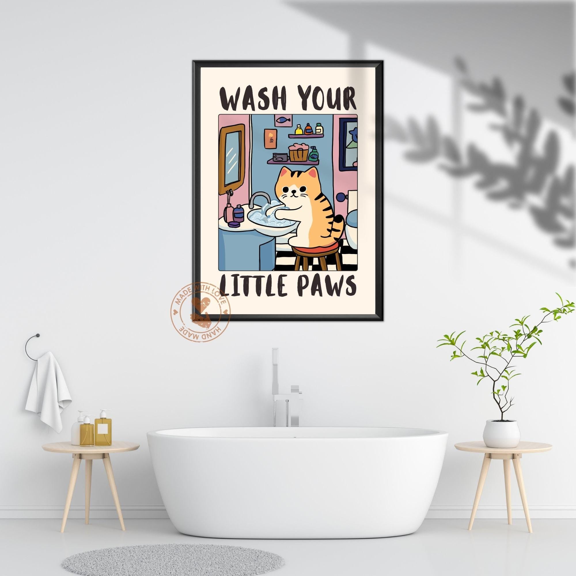 Funny Cat Bathroom Wall Art Print – “Wash Your Little Paws” Poster Decor