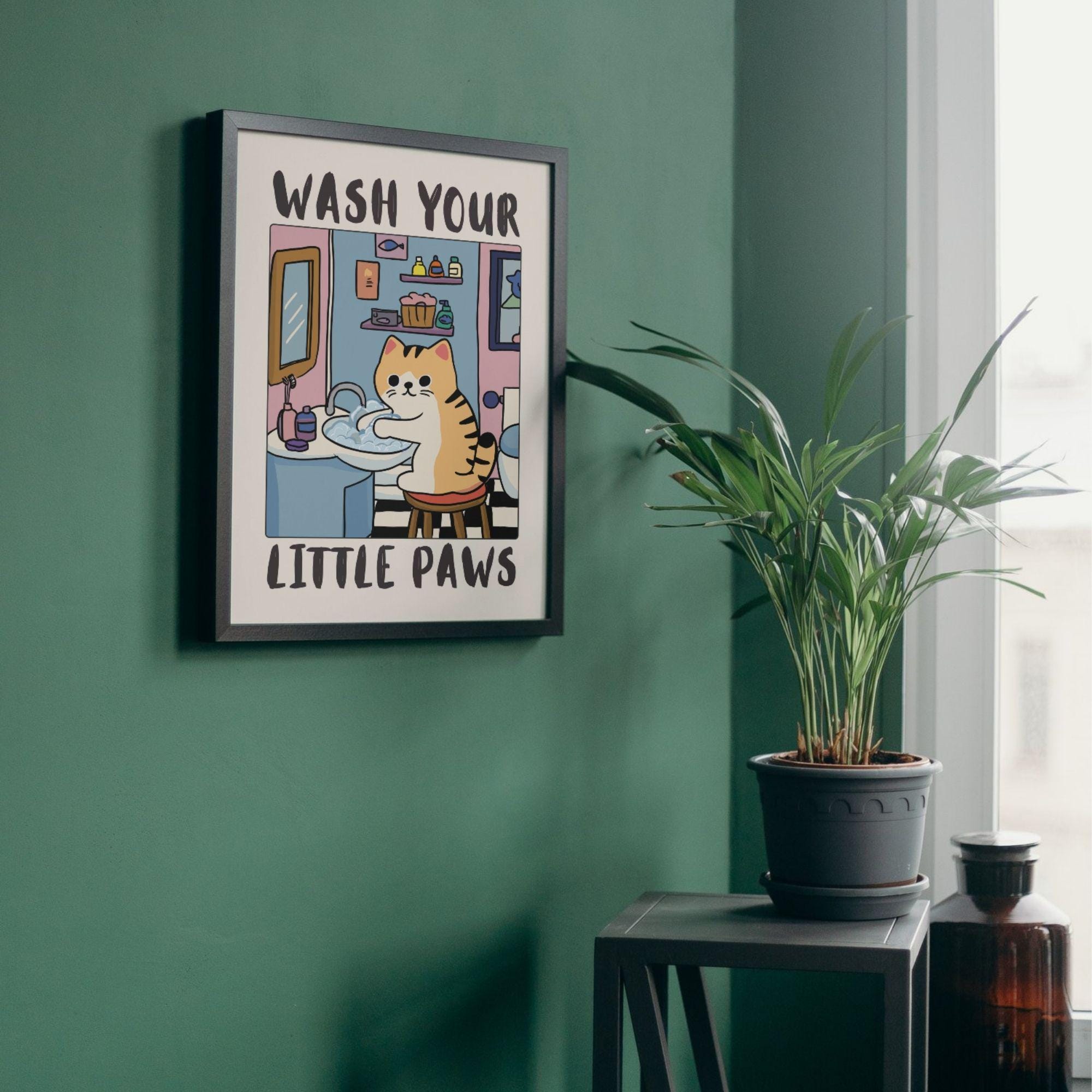 Funny Cat Bathroom Wall Art Print – “Wash Your Little Paws” Poster Decor