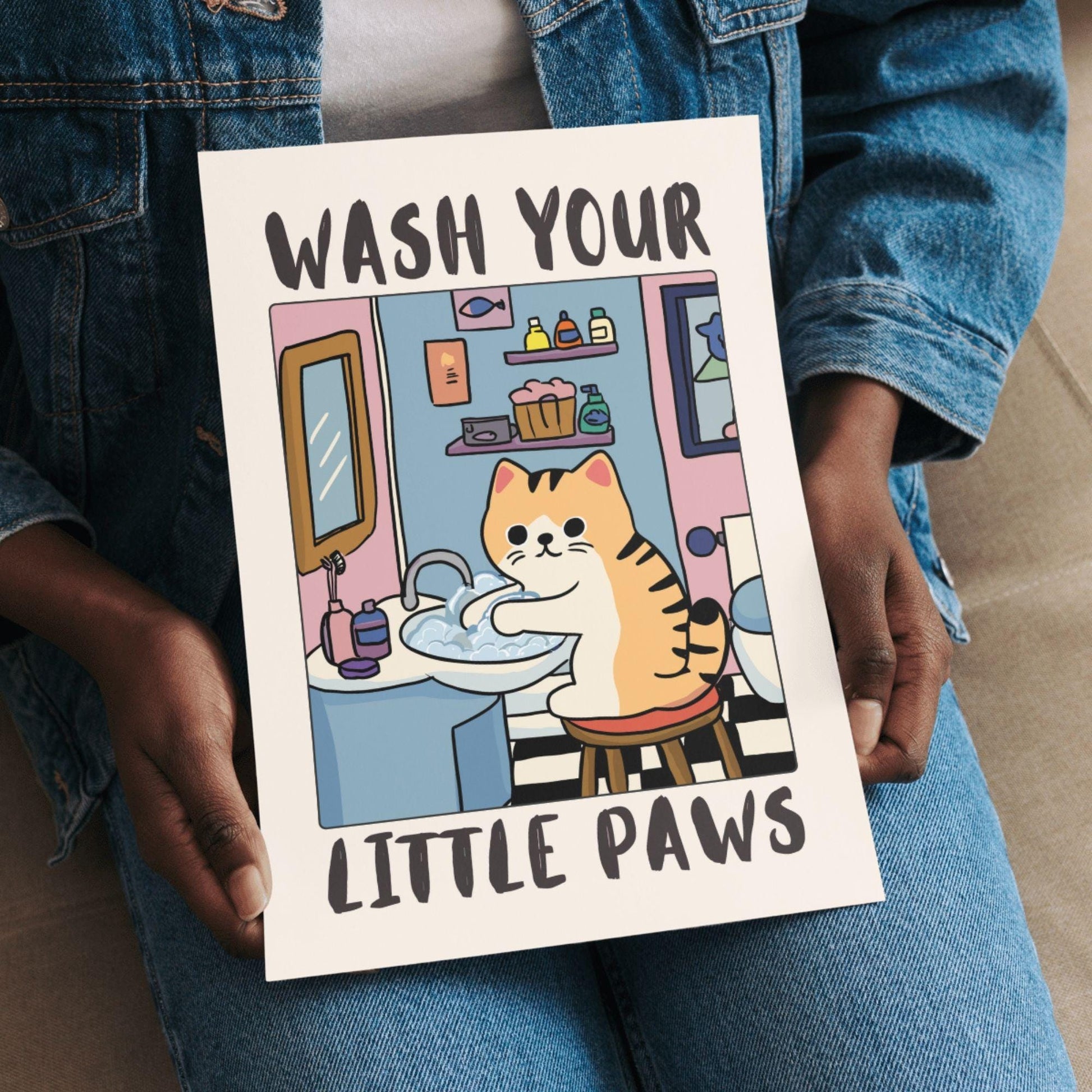 Funny Cat Bathroom Wall Art Print – “Wash Your Little Paws” Poster Decor