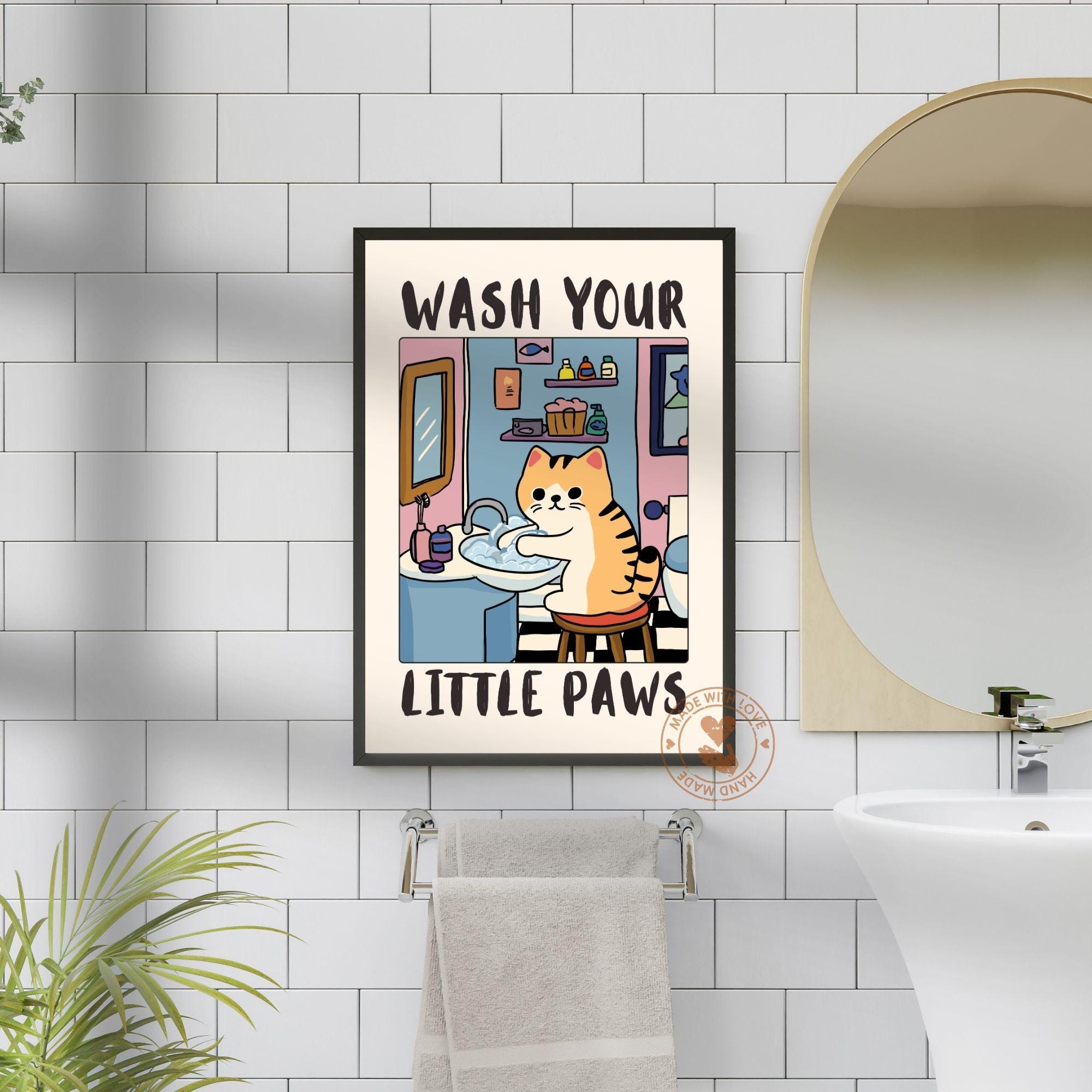 Funny Cat Bathroom Wall Art Print – “Wash Your Little Paws” Poster Decor