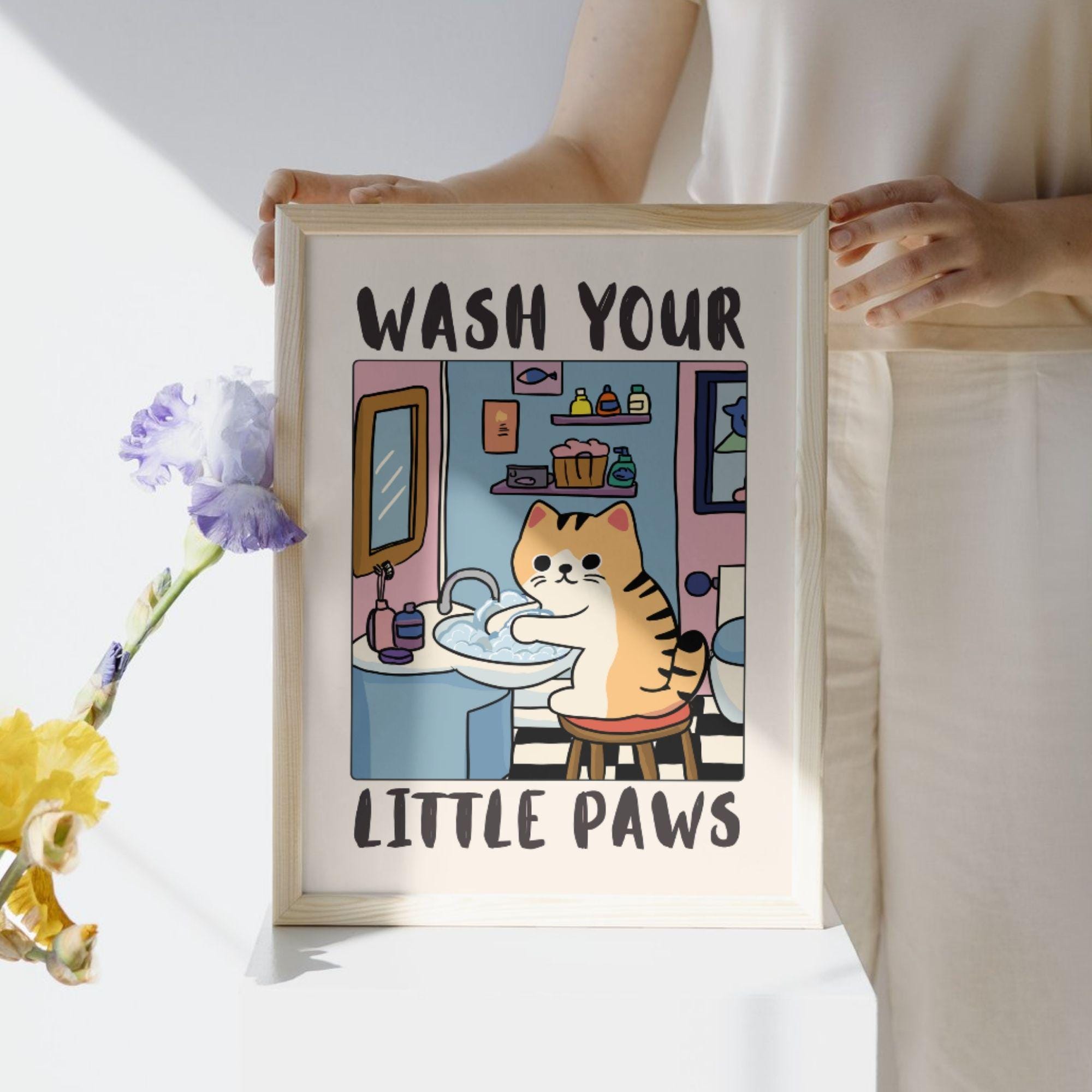 Funny Cat Bathroom Wall Art Print – “Wash Your Little Paws” Poster Decor