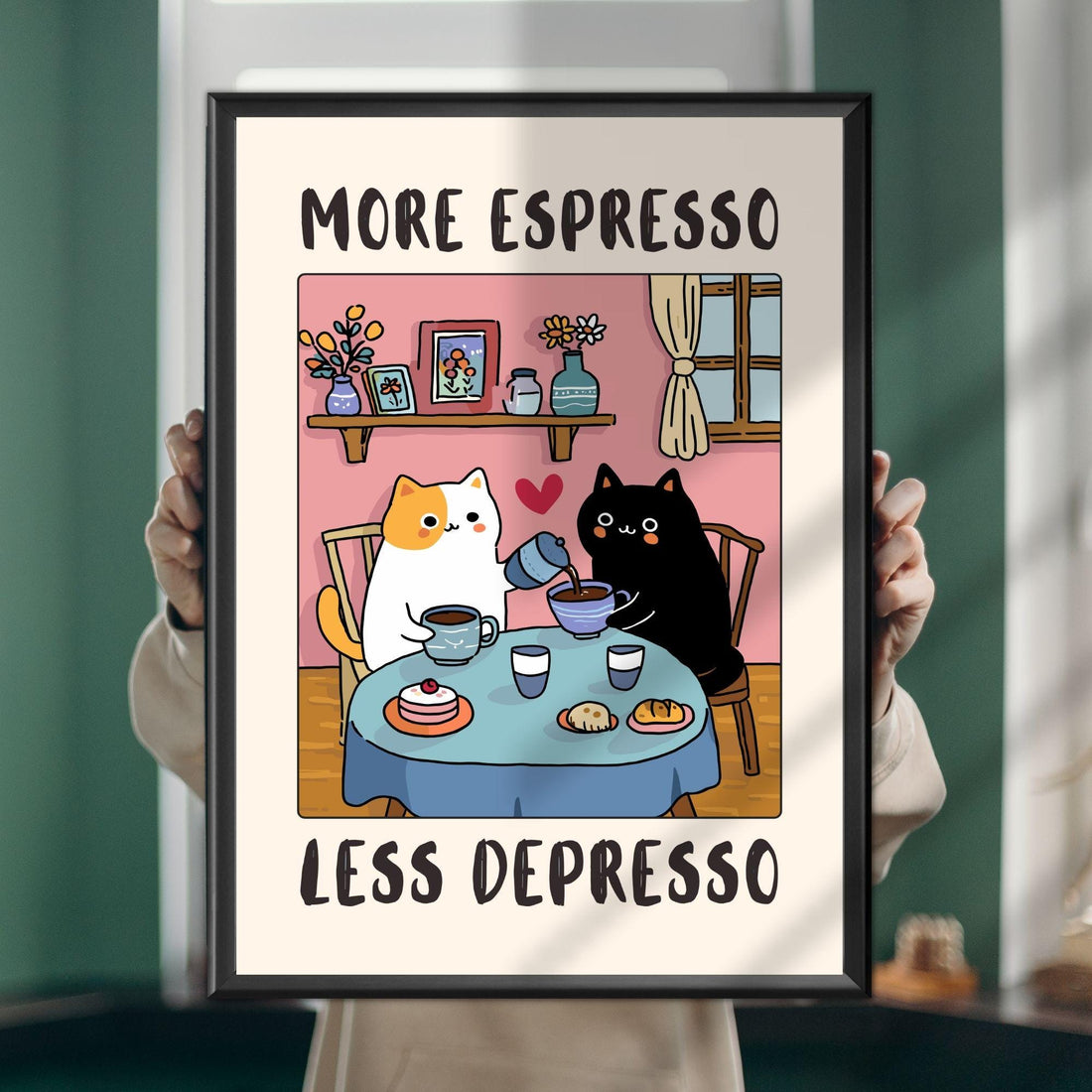 Funny Cat Coffee Wall Art Print – “More Espresso Less Depresso” Kitchen Decor