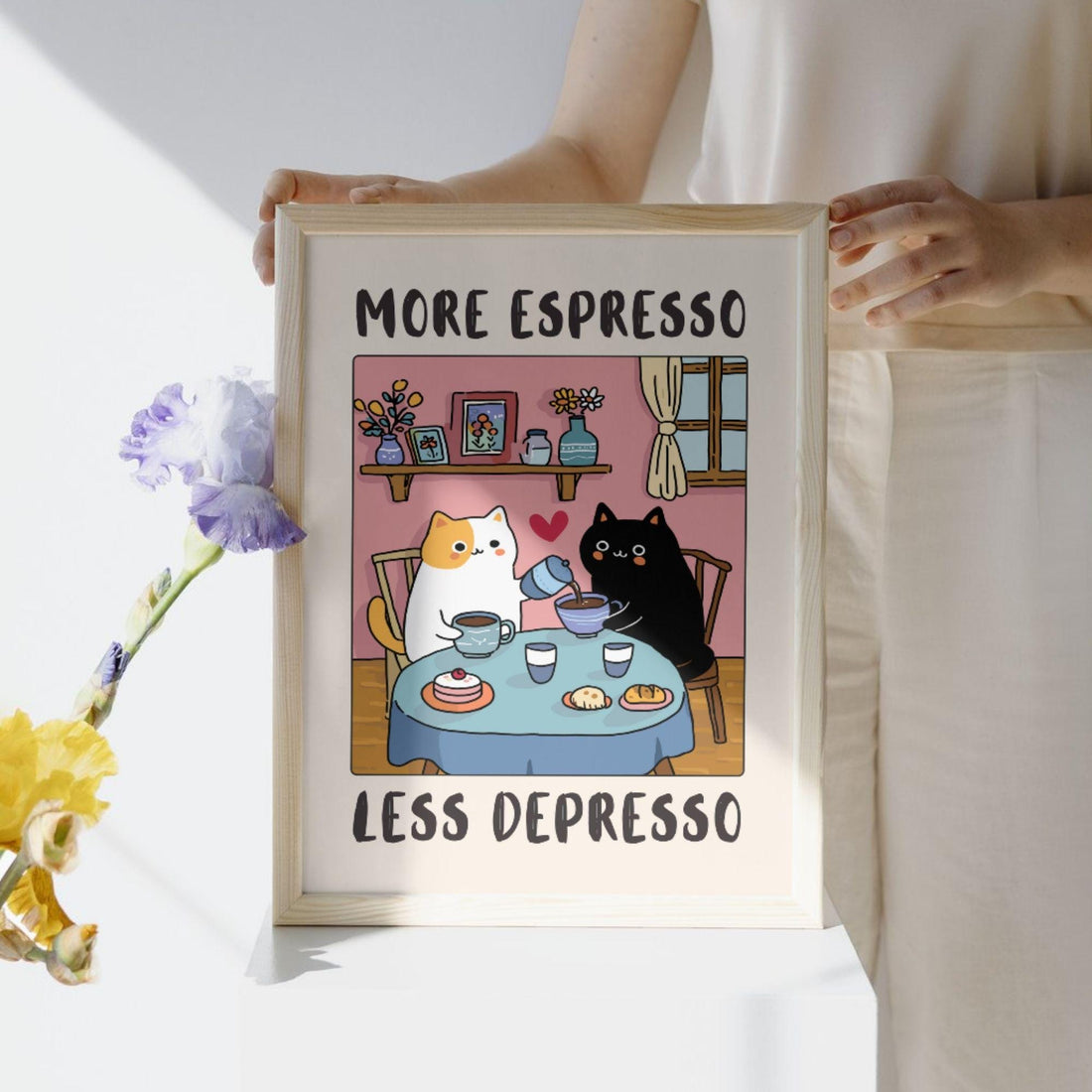 Funny Cat Coffee Wall Art Print – “More Espresso Less Depresso” Kitchen Decor