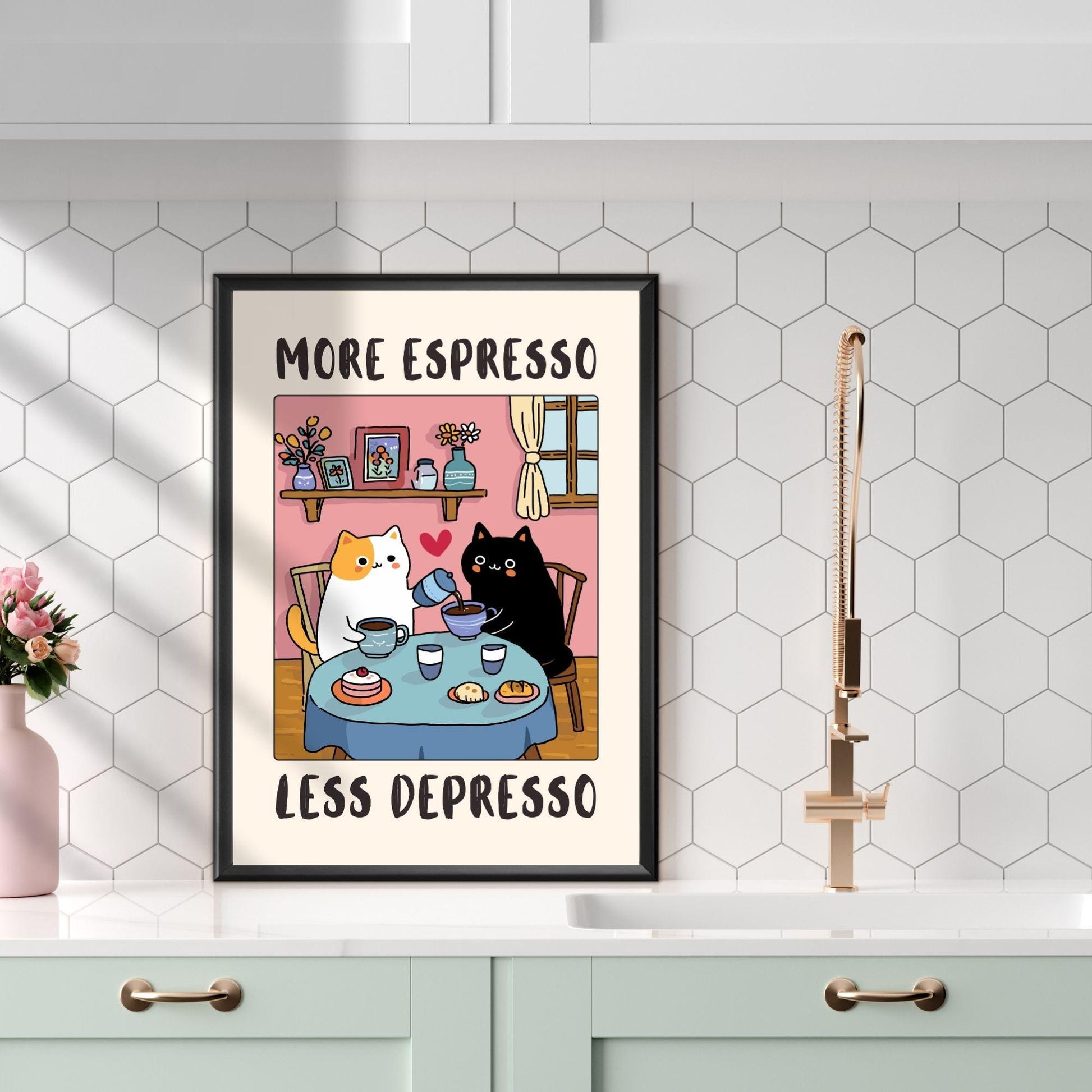 Funny Cat Coffee Wall Art Print – “More Espresso Less Depresso” Kitchen Decor