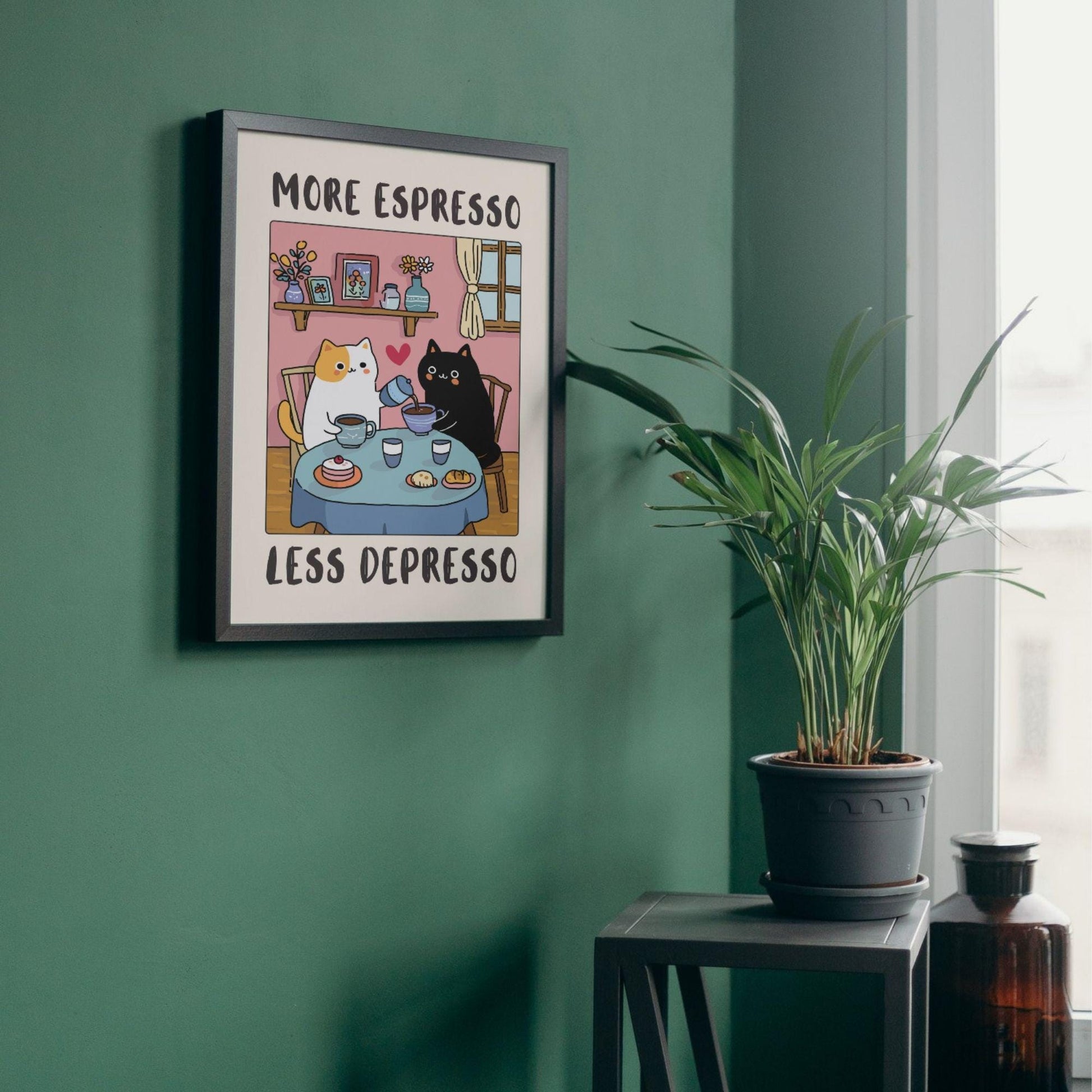 Funny Cat Coffee Wall Art Print – “More Espresso Less Depresso” Kitchen Decor
