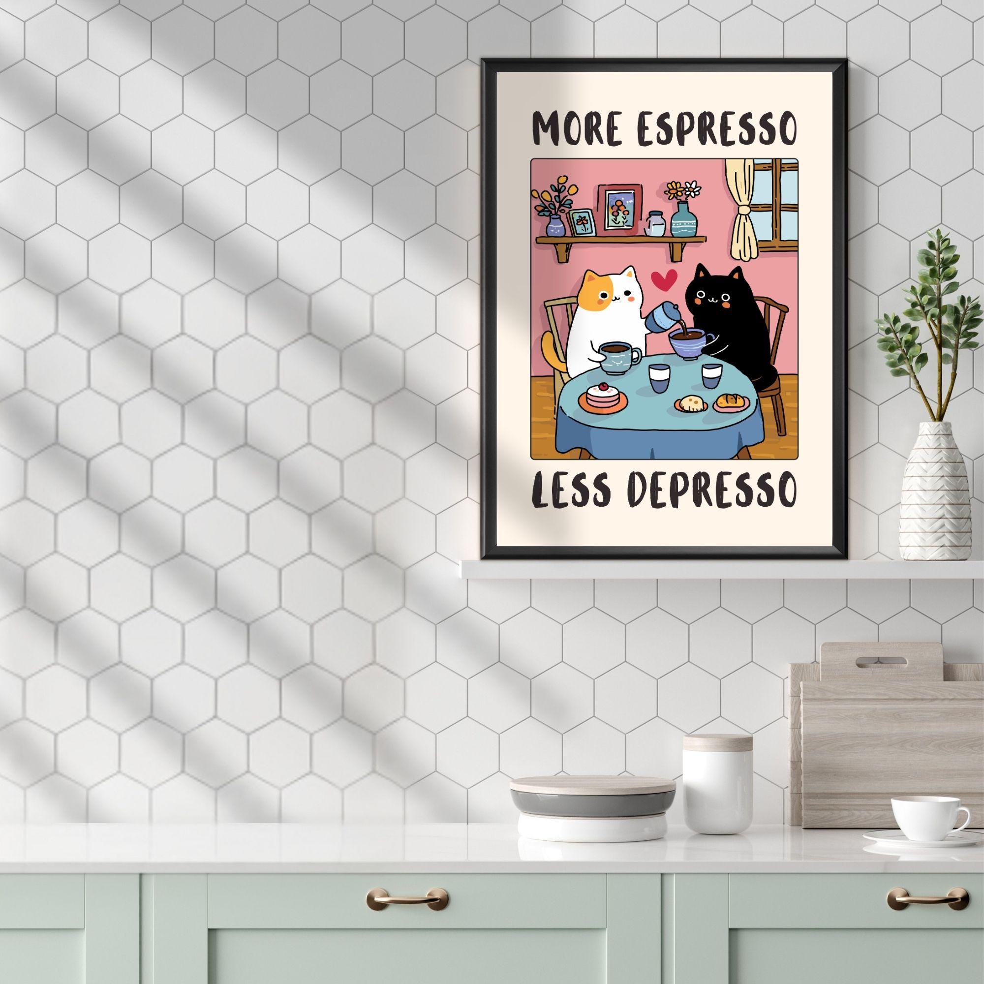 Funny Cat Coffee Wall Art Print – “More Espresso Less Depresso” Kitchen Decor