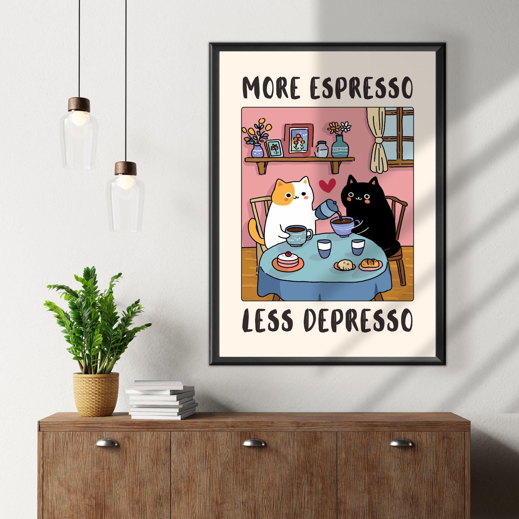 Funny Cat Coffee Wall Art Print – “More Espresso Less Depresso” Kitchen Decor