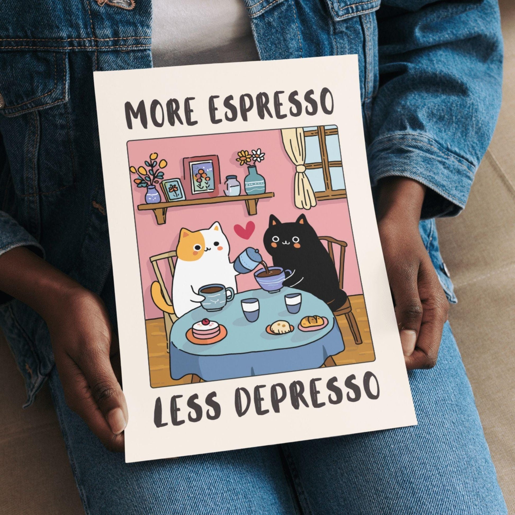 Funny Cat Coffee Wall Art Print – “More Espresso Less Depresso” Kitchen Decor