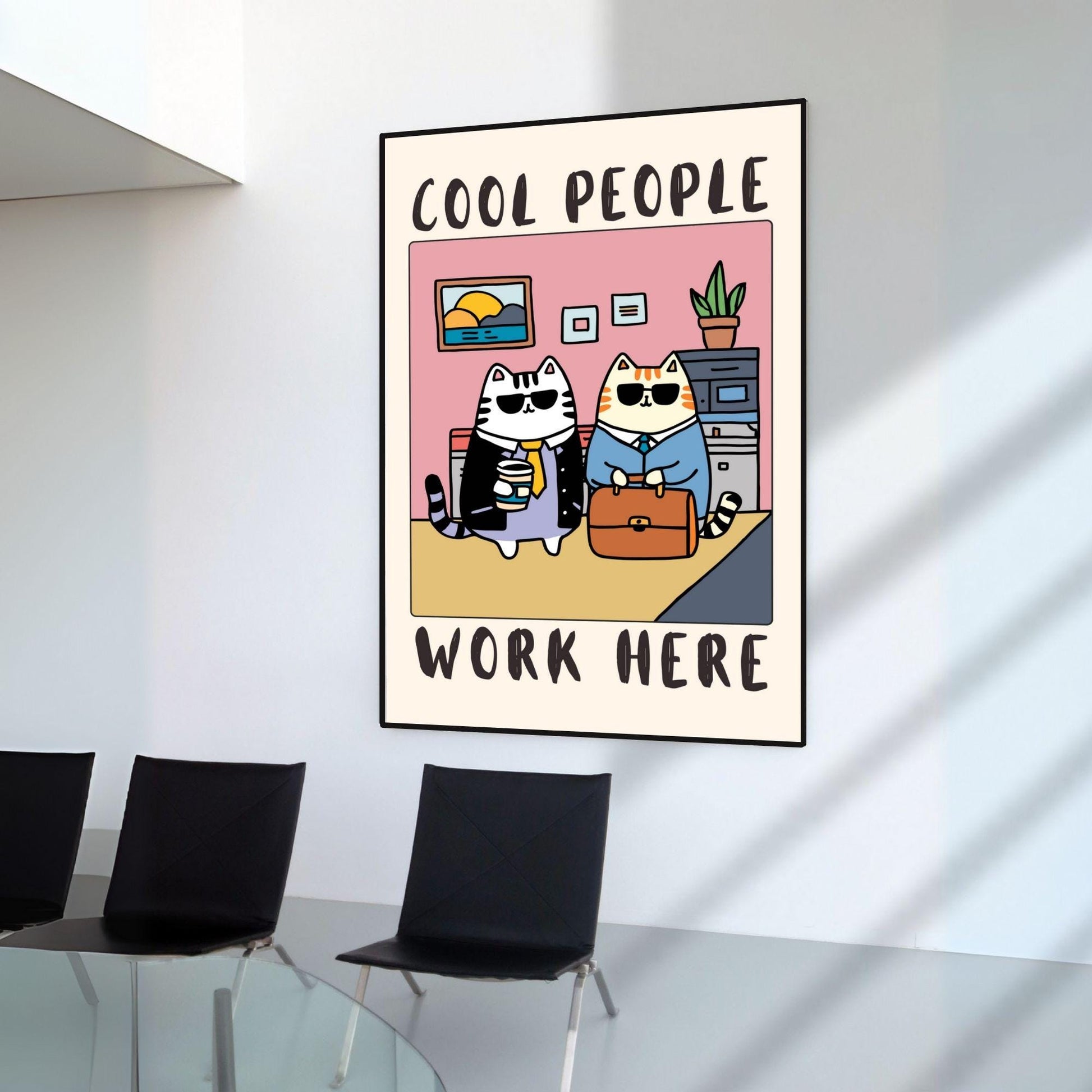 Funny Cat Office Wall Art Print – “Cool People Work Here” Poster Decor
