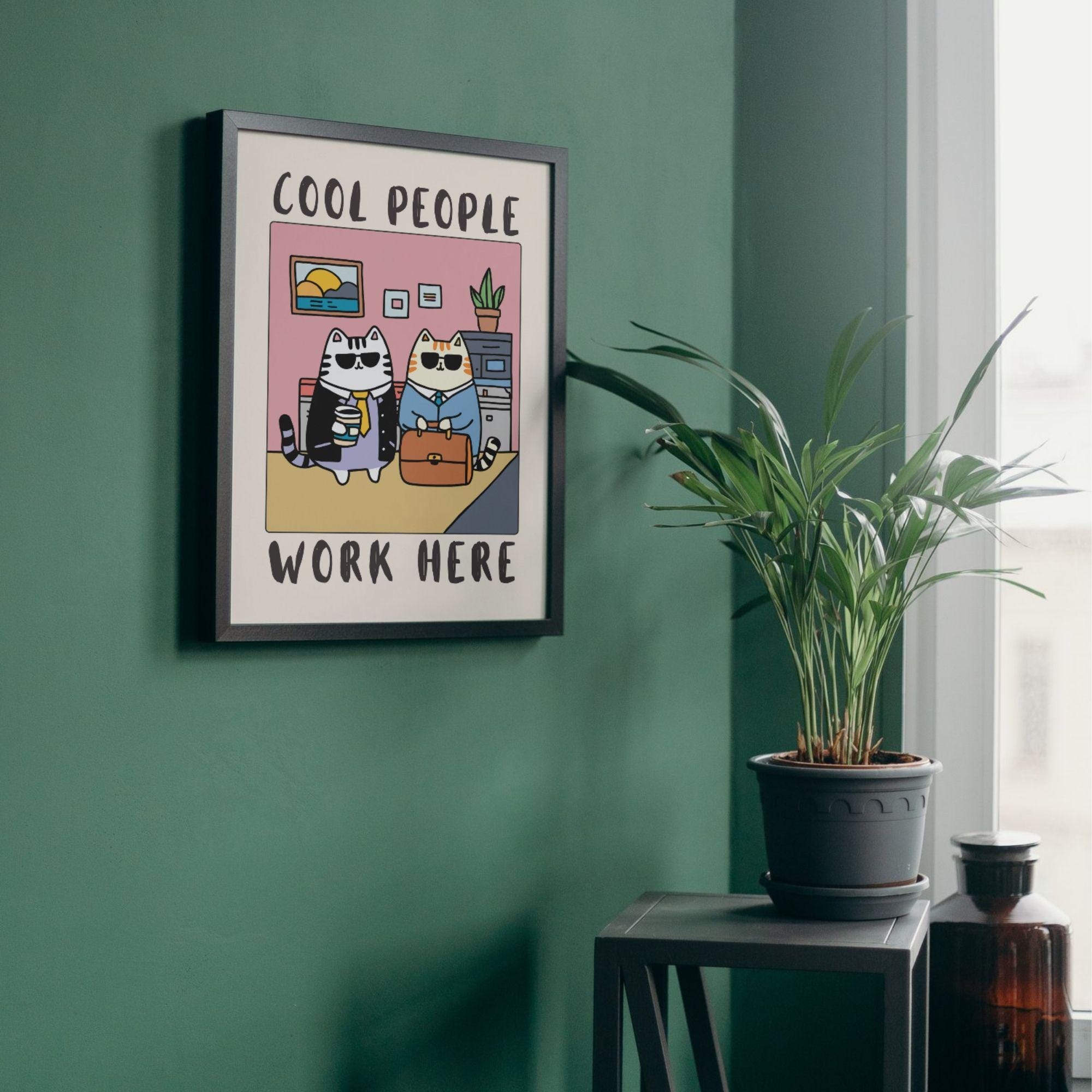 Funny Cat Office Wall Art Print – “Cool People Work Here” Poster Decor