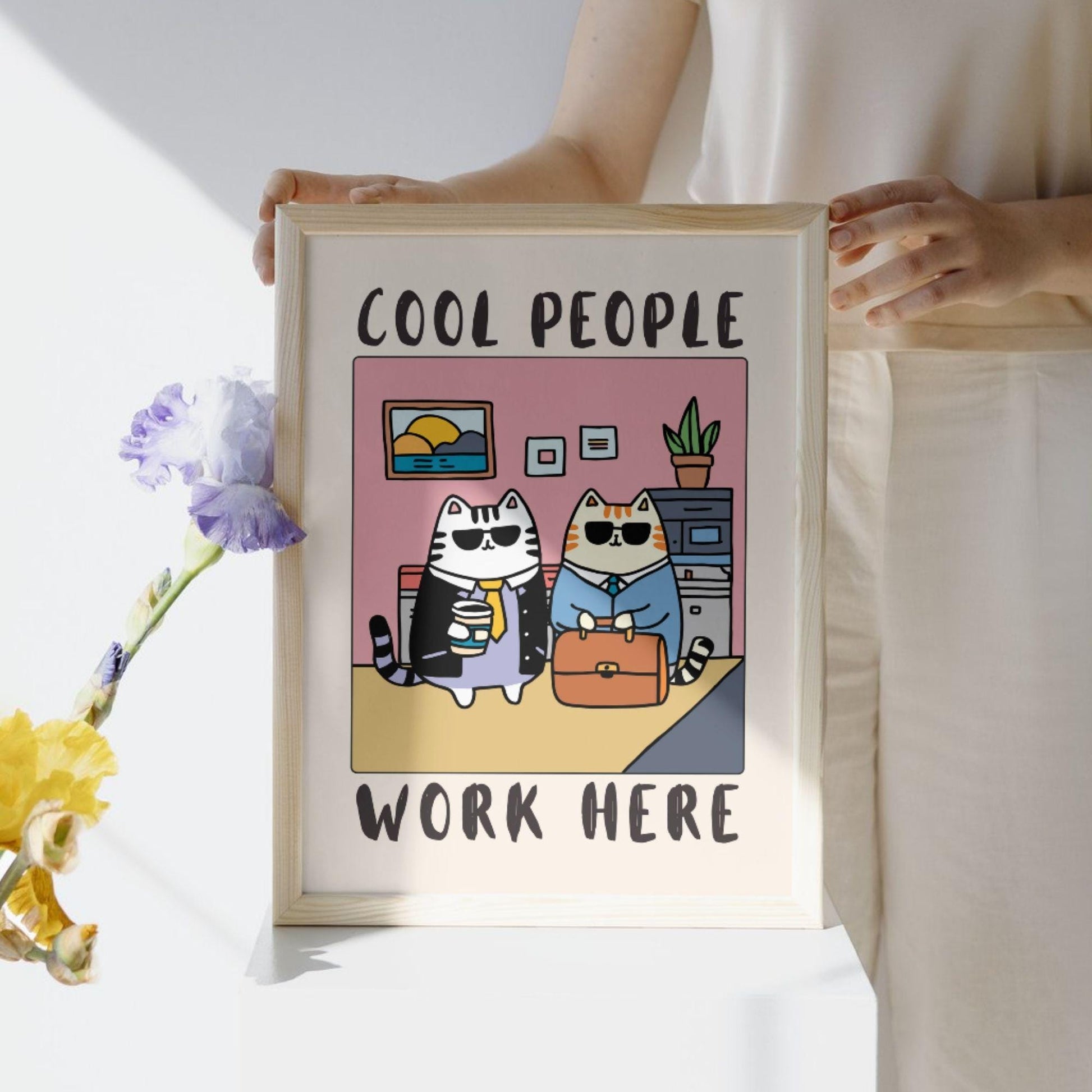 Funny Cat Office Wall Art Print – “Cool People Work Here” Poster Decor