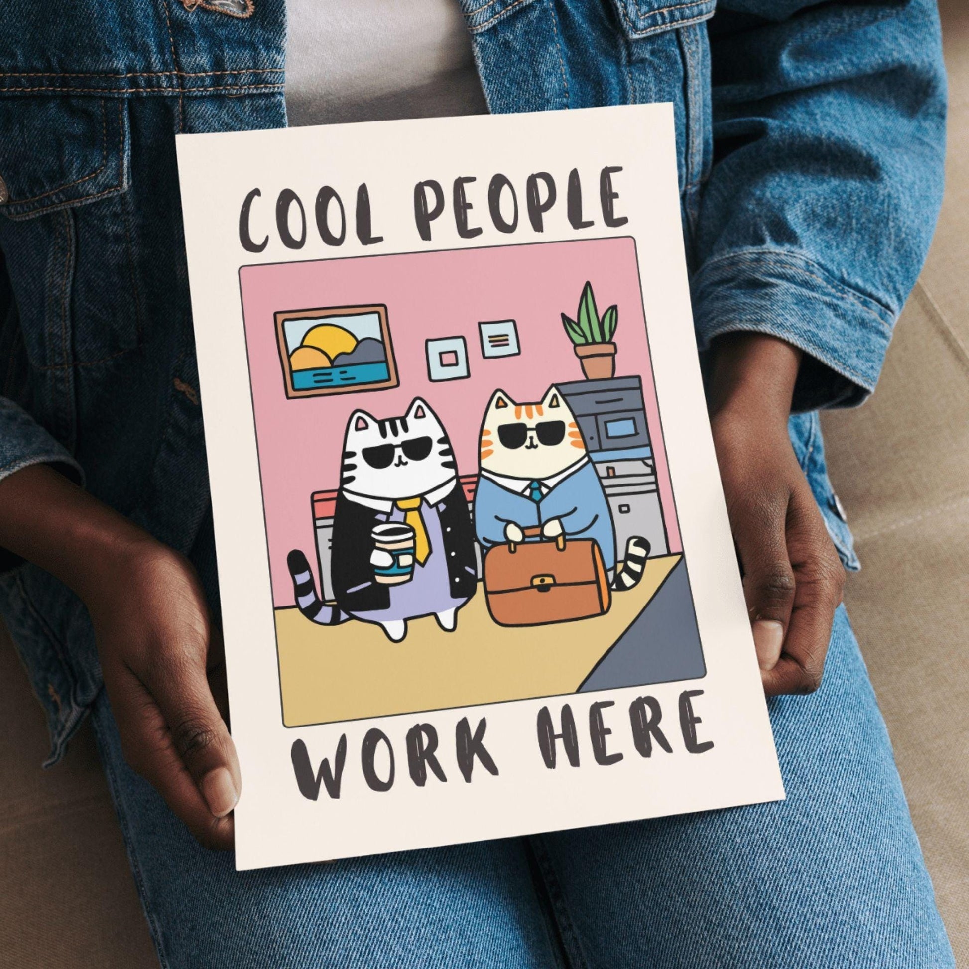 Funny Cat Office Wall Art Print – “Cool People Work Here” Poster Decor